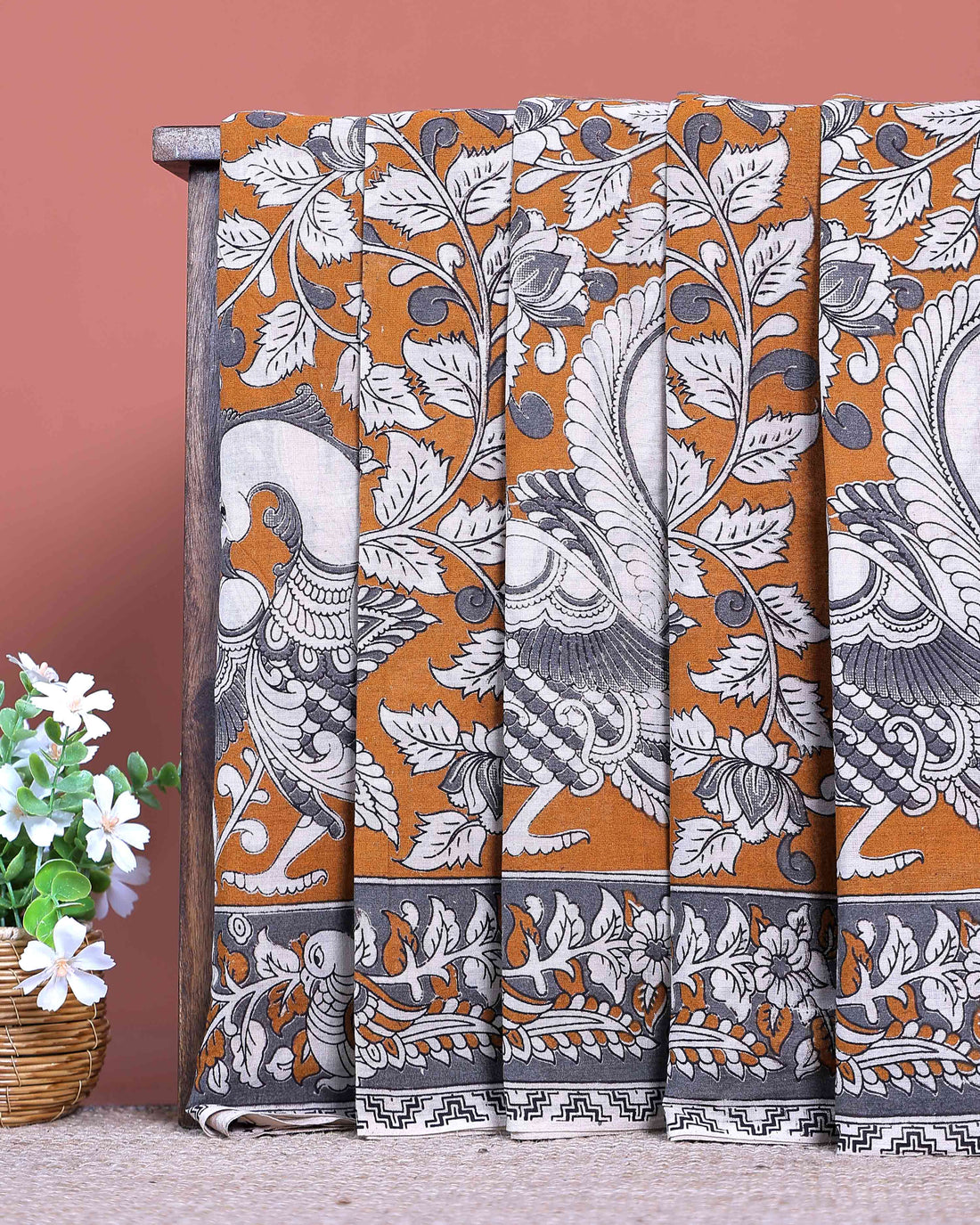 Traditional Handloom Kalamkari Cotton Saree with Traditional Avian and Floral Motifs - Brown