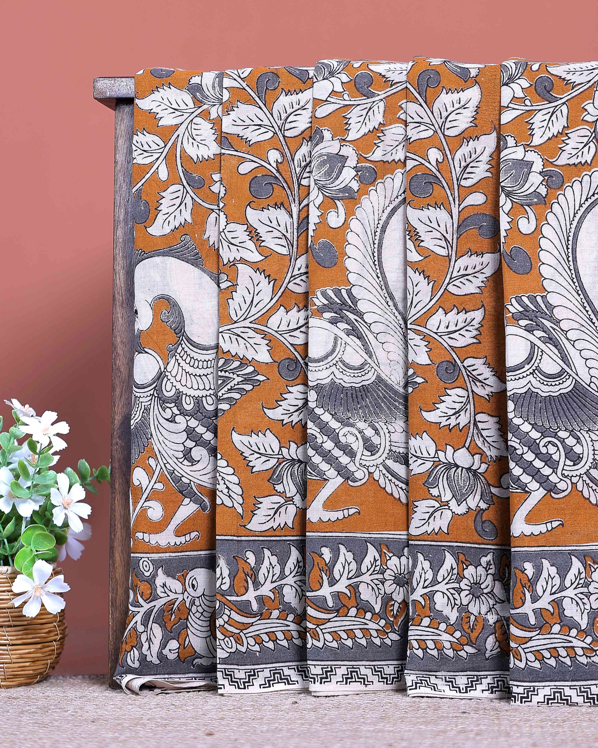 Traditional Handloom Kalamkari Cotton Saree with Traditional Avian and Floral Motifs - Brown