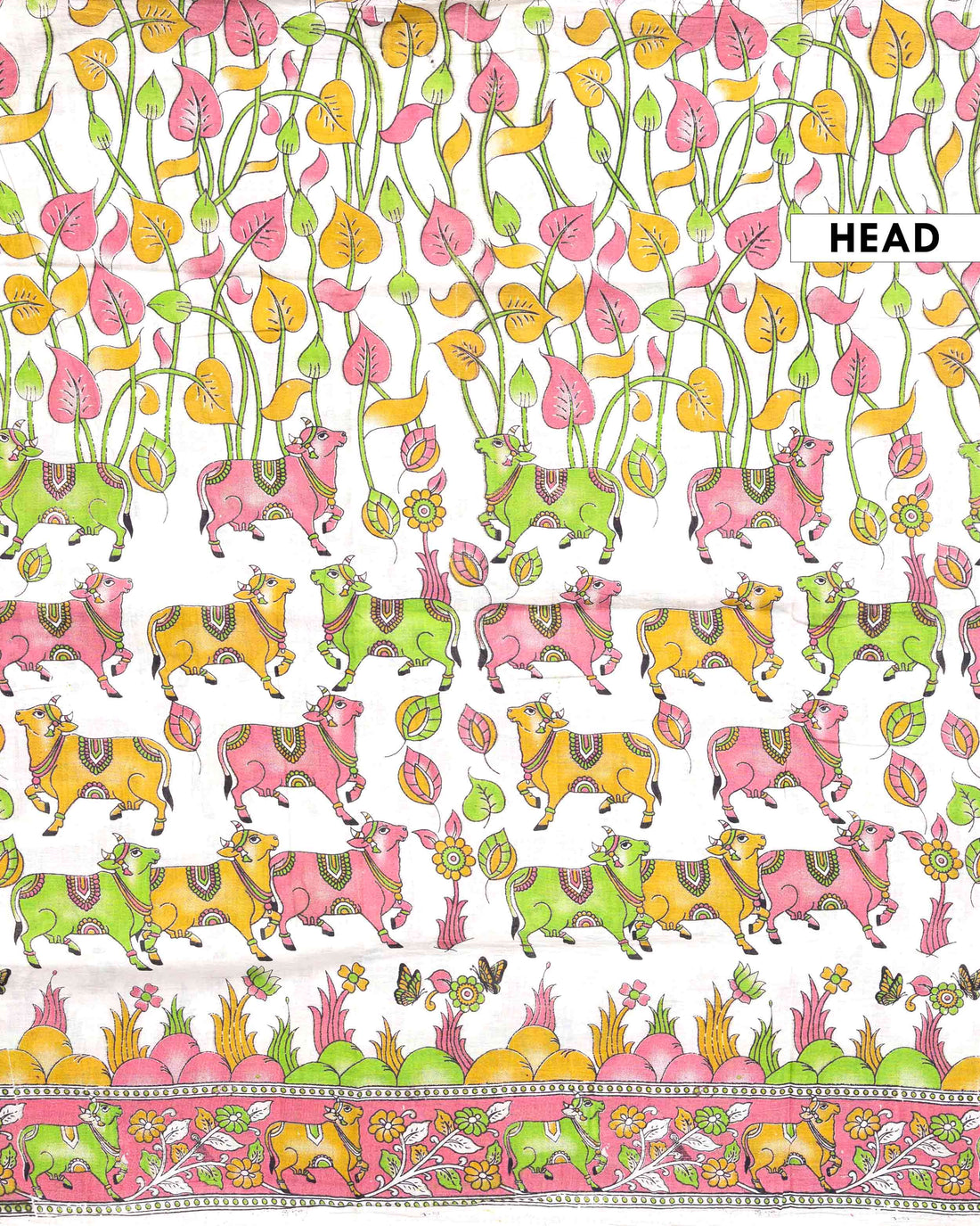 Traditional Handloom Kalamkari Cotton Saree with Traditional Cow and Floral Motifs - Cream