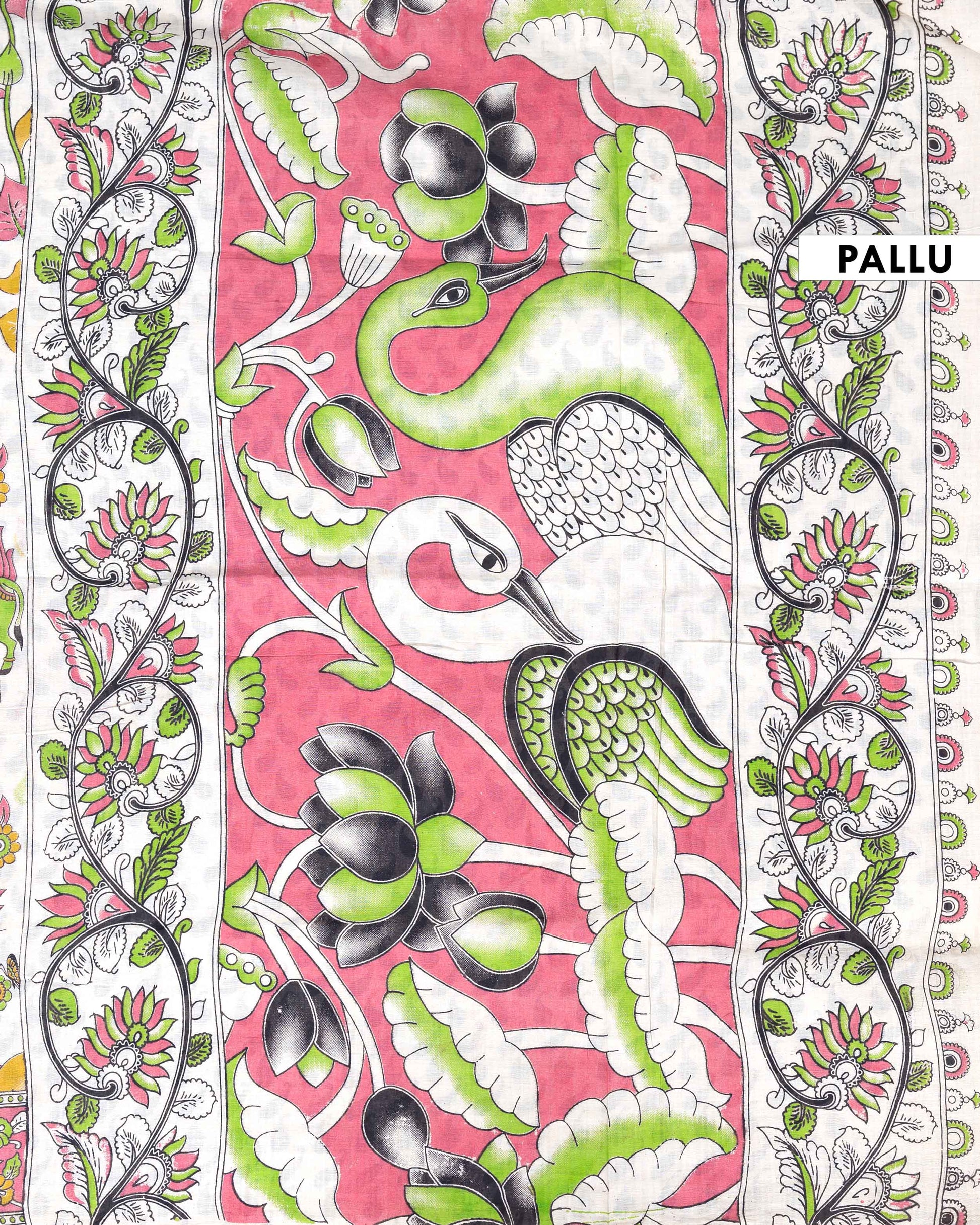 Traditional Handloom Kalamkari Cotton Saree with Traditional Cow and Floral Motifs - Cream