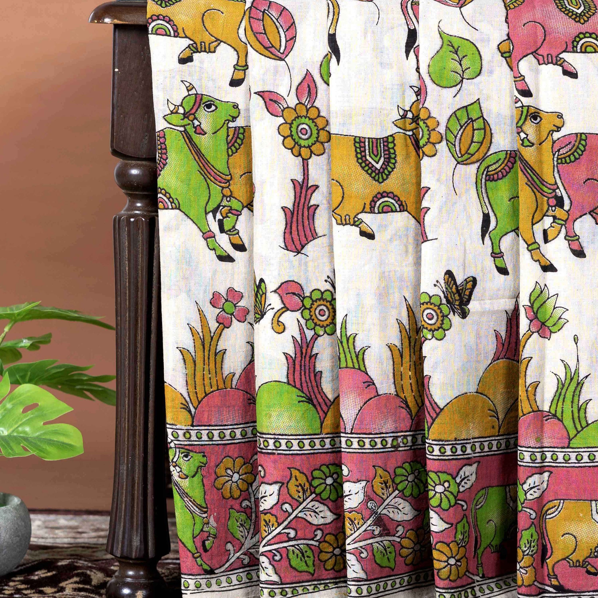 Traditional Handloom Kalamkari Cotton Saree with Traditional Cow and Floral Motifs - Cream
