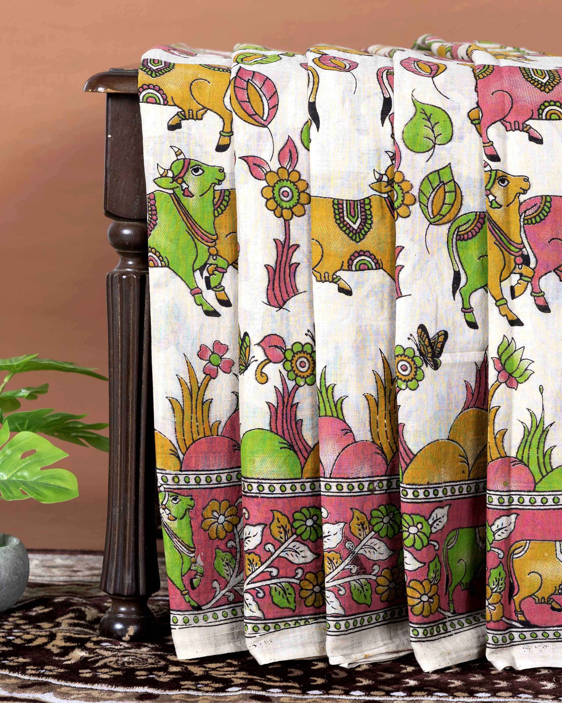 Traditional Handloom Kalamkari Cotton Saree with Traditional Cow and Floral Motifs - Cream