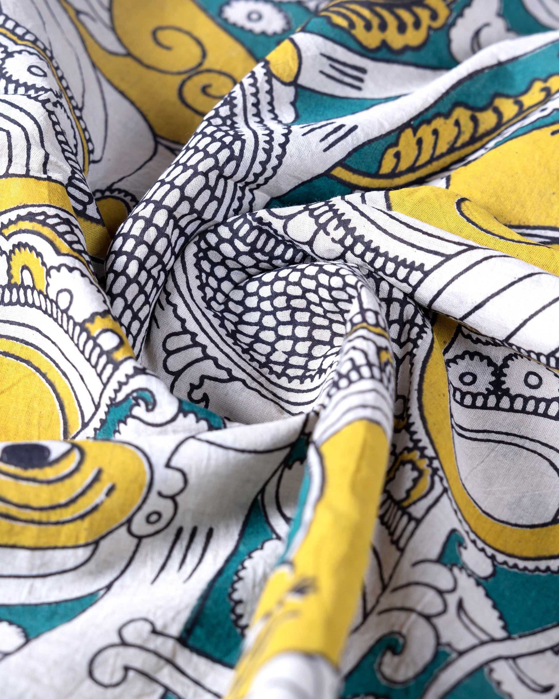 Traditional Handloom Kalamkari Cotton Saree with Traditional Figurative and Mythological Motifs - Light Green