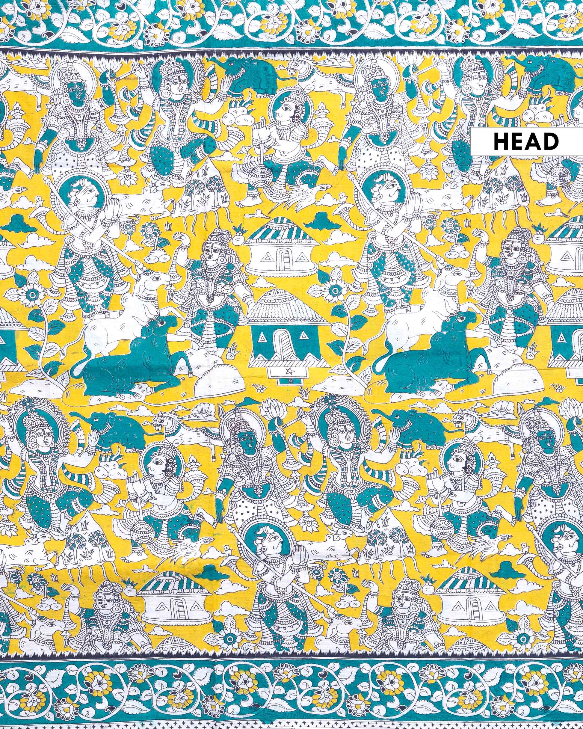 Traditional Handloom Kalamkari Cotton Saree with Traditional Figurative and Mythological Motifs - Light Green