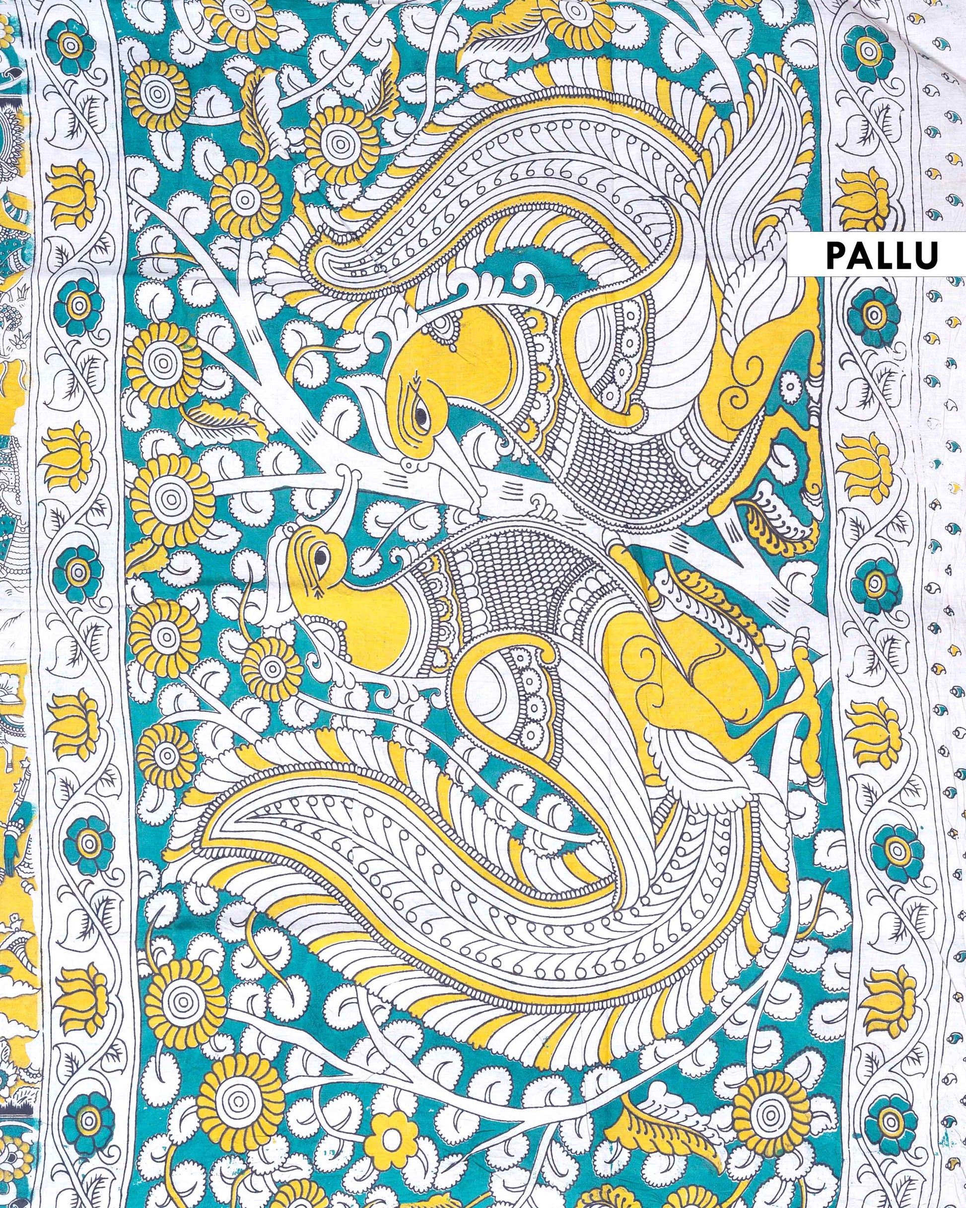 Traditional Handloom Kalamkari Cotton Saree with Traditional Figurative and Mythological Motifs - Light Green