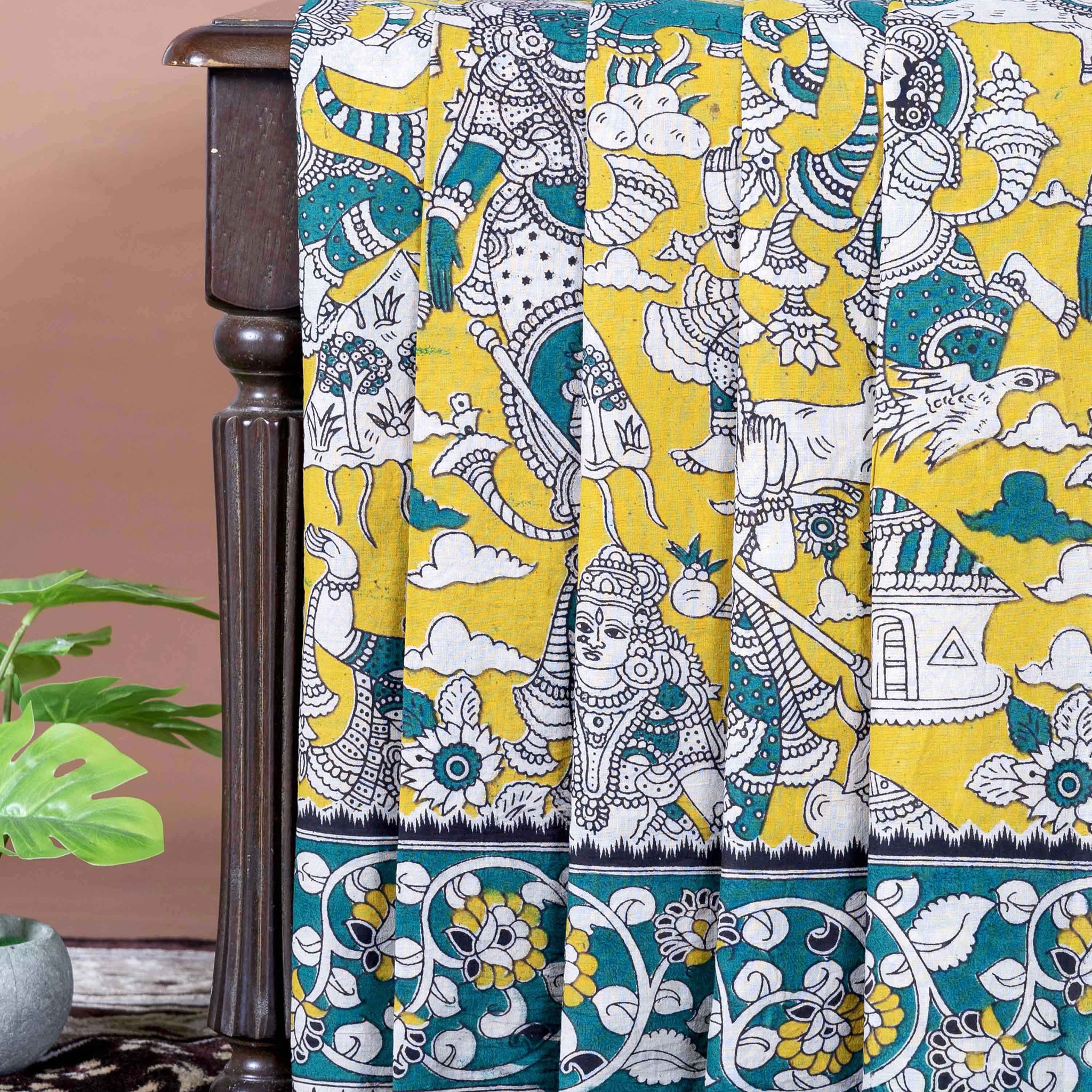 Traditional Handloom Kalamkari Cotton Saree with Traditional Figurative and Mythological Motifs - Light Green