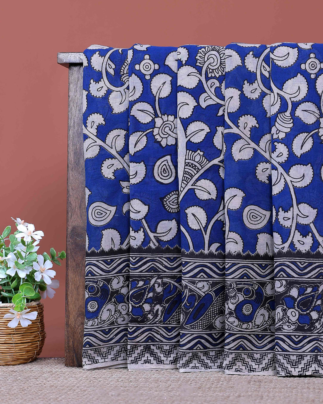 Traditional Handloom Kalamkari Cotton Saree with Traditional Floral Artwork and Ornate Heritage Border - Blue