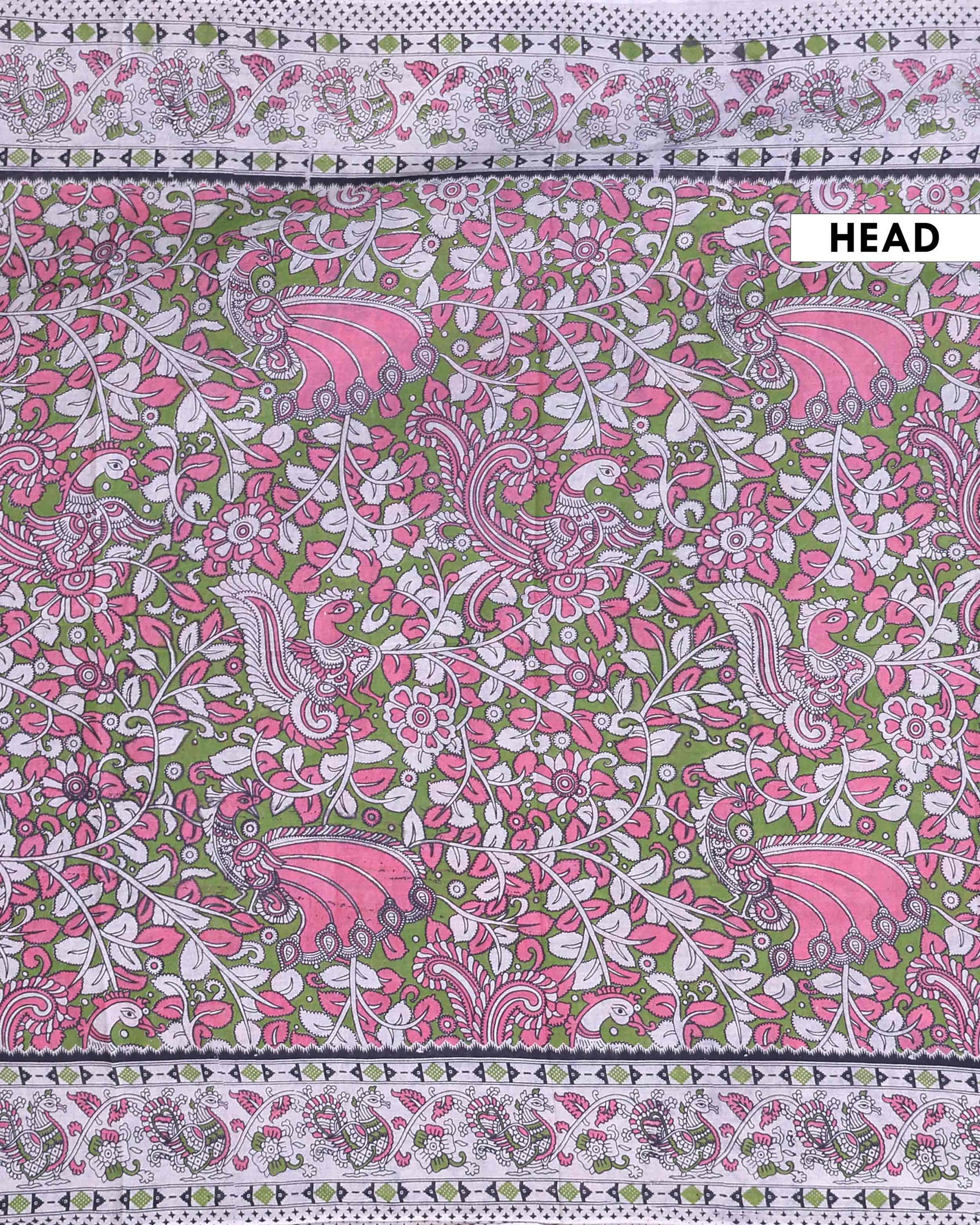 Traditional Handloom Kalamkari Cotton Saree with Traditional Floral & Avian Motifs  - Pink