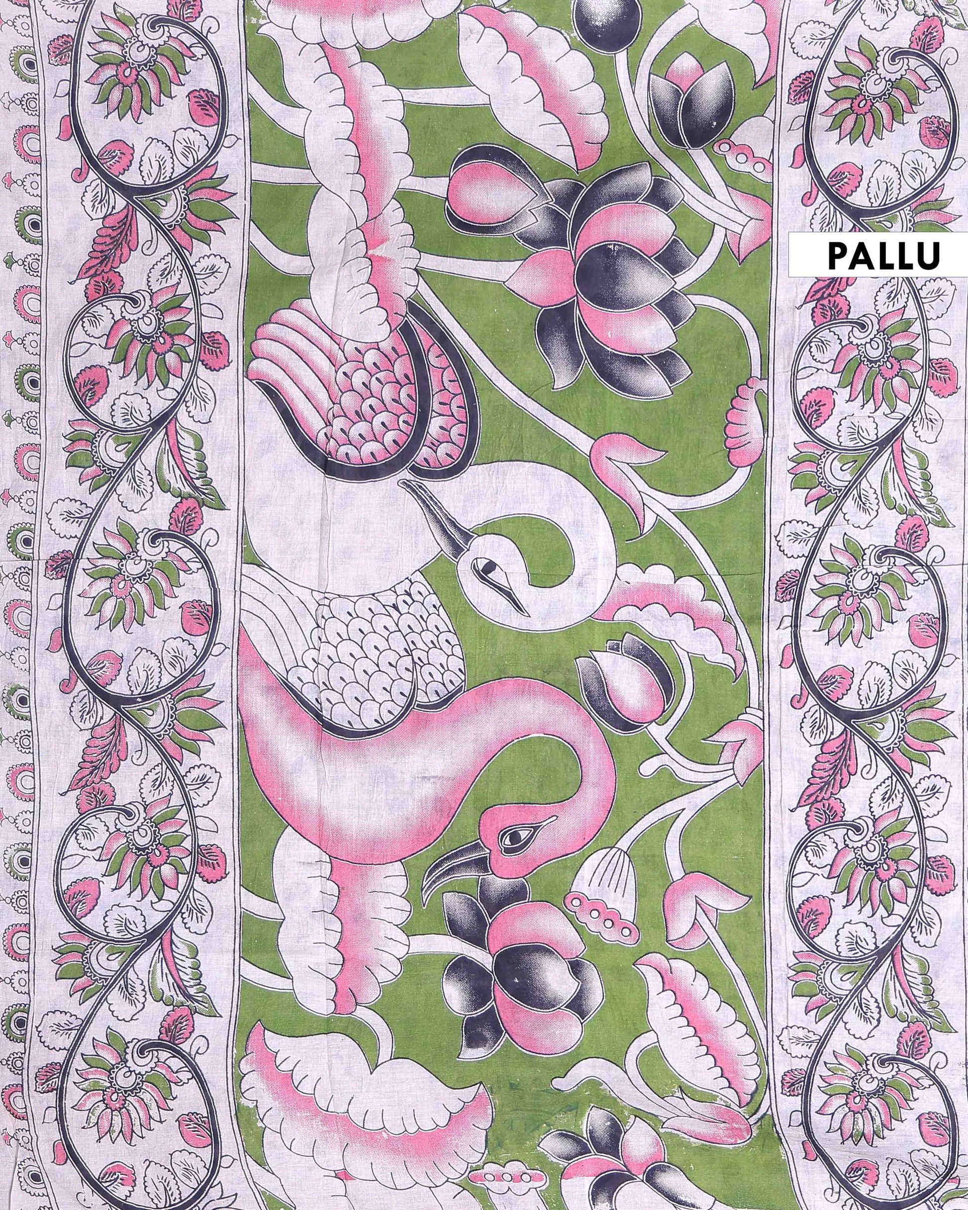 Traditional Handloom Kalamkari Cotton Saree with Traditional Floral & Avian Motifs  - Pink