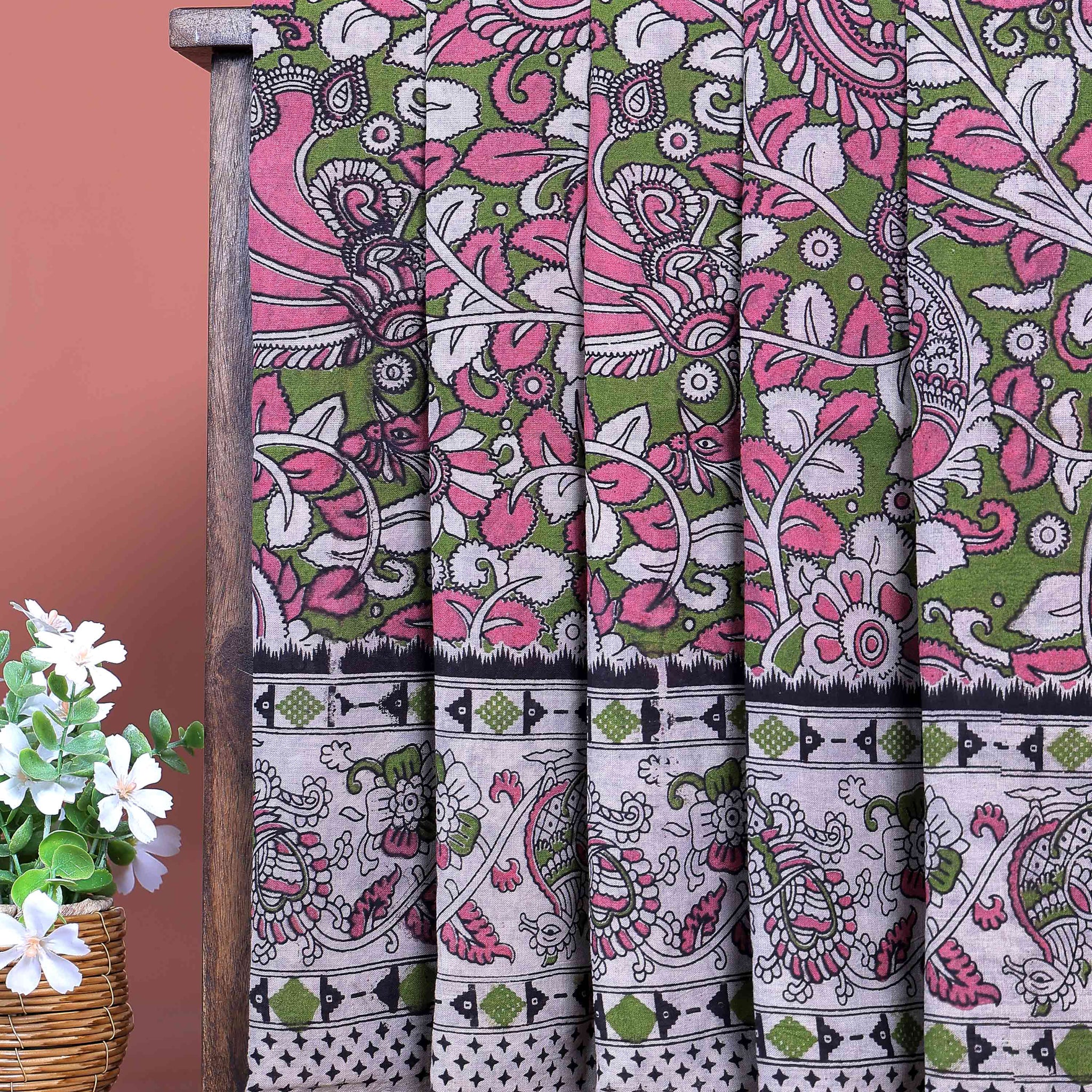 Traditional Handloom Kalamkari Cotton Saree with Traditional Floral & Avian Motifs  - Pink