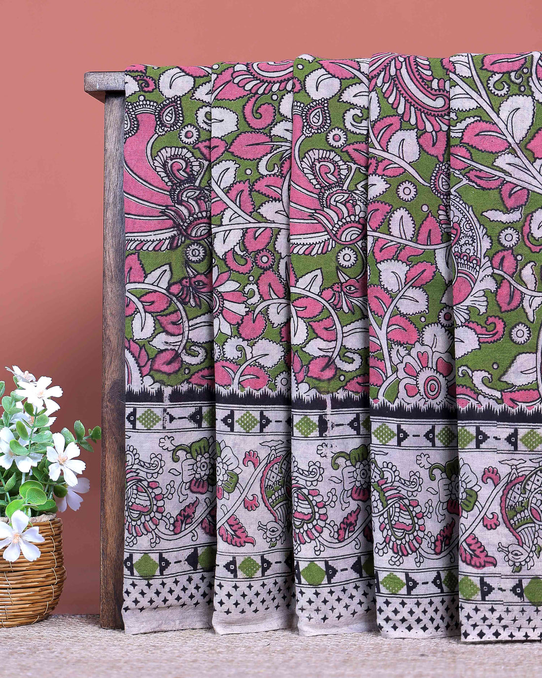 Traditional Handloom Kalamkari Cotton Saree with Traditional Floral & Avian Motifs  - Pink