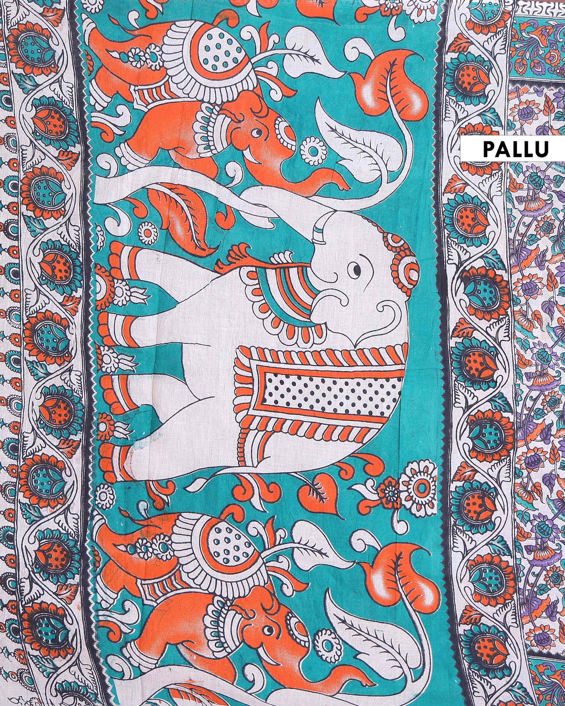 Traditional Handloom Kalamkari Cotton Saree with Traditional Floral Motifs - Off White