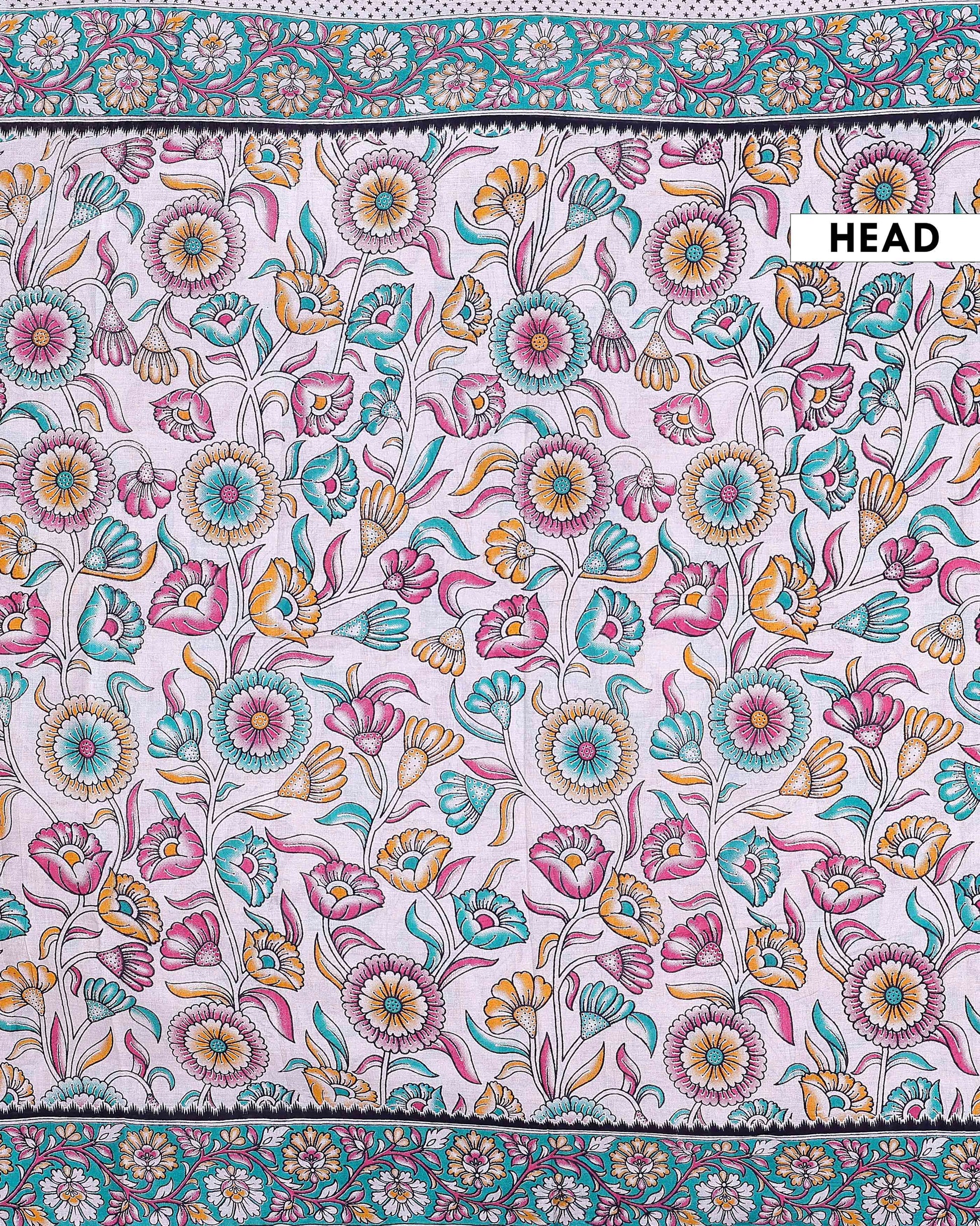 Traditional Handloom Kalamkari Cotton Saree with Traditional Floral Motifs and Artistic Border Design - Cream