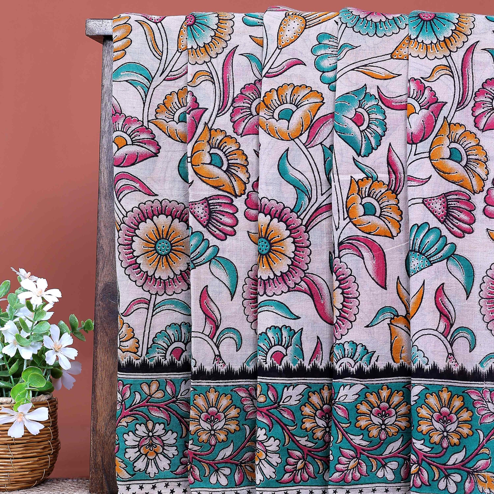 Traditional Handloom Kalamkari Cotton Saree with Traditional Floral Motifs and Artistic Border Design - Cream