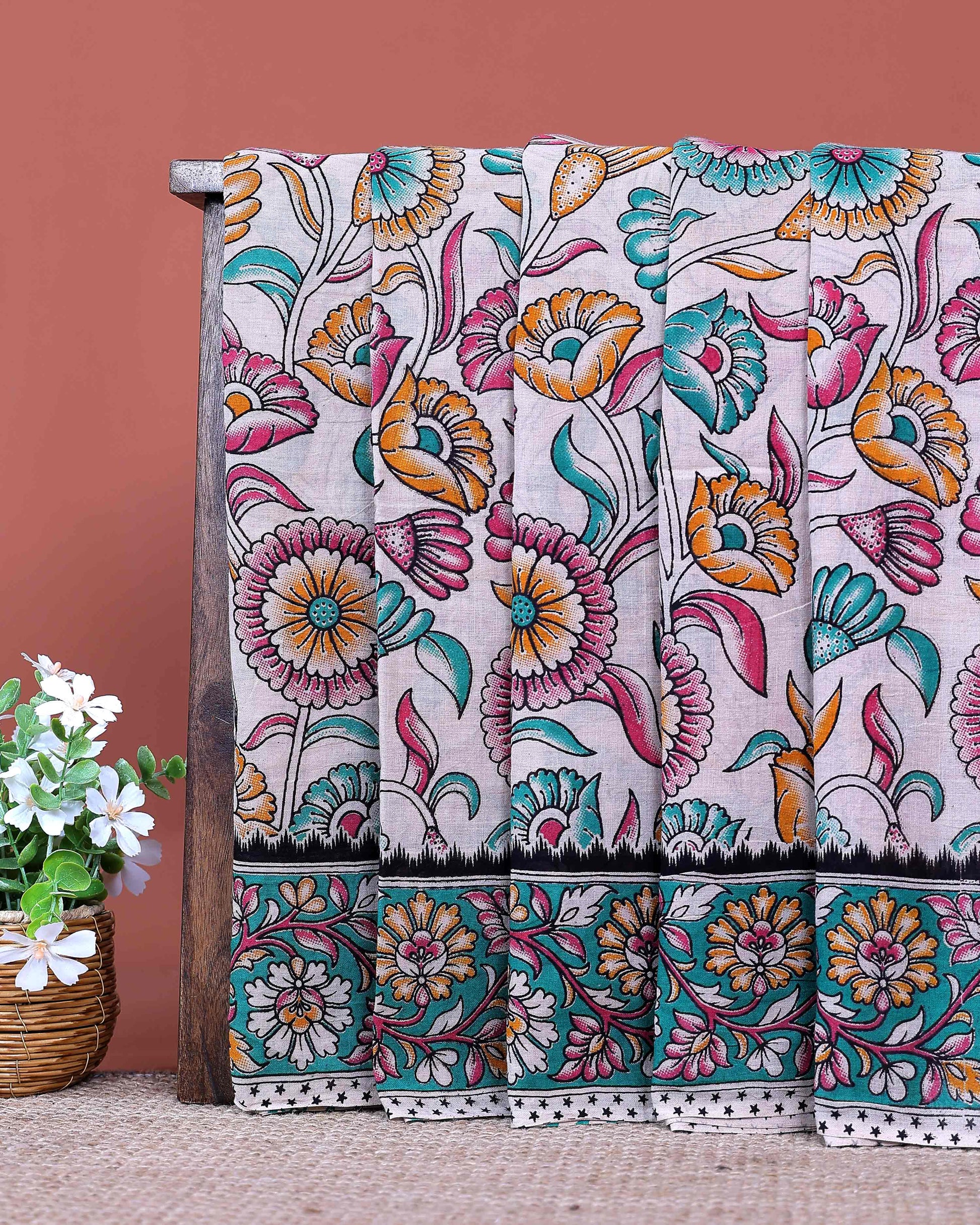 Traditional Handloom Kalamkari Cotton Saree with Traditional Floral Motifs and Artistic Border Design - Cream