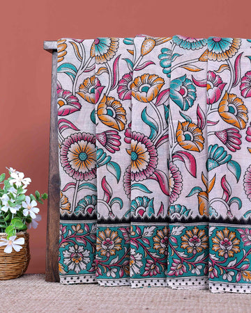 Traditional Handloom Kalamkari Cotton Saree with Traditional Floral Motifs and Artistic Border Design - Cream