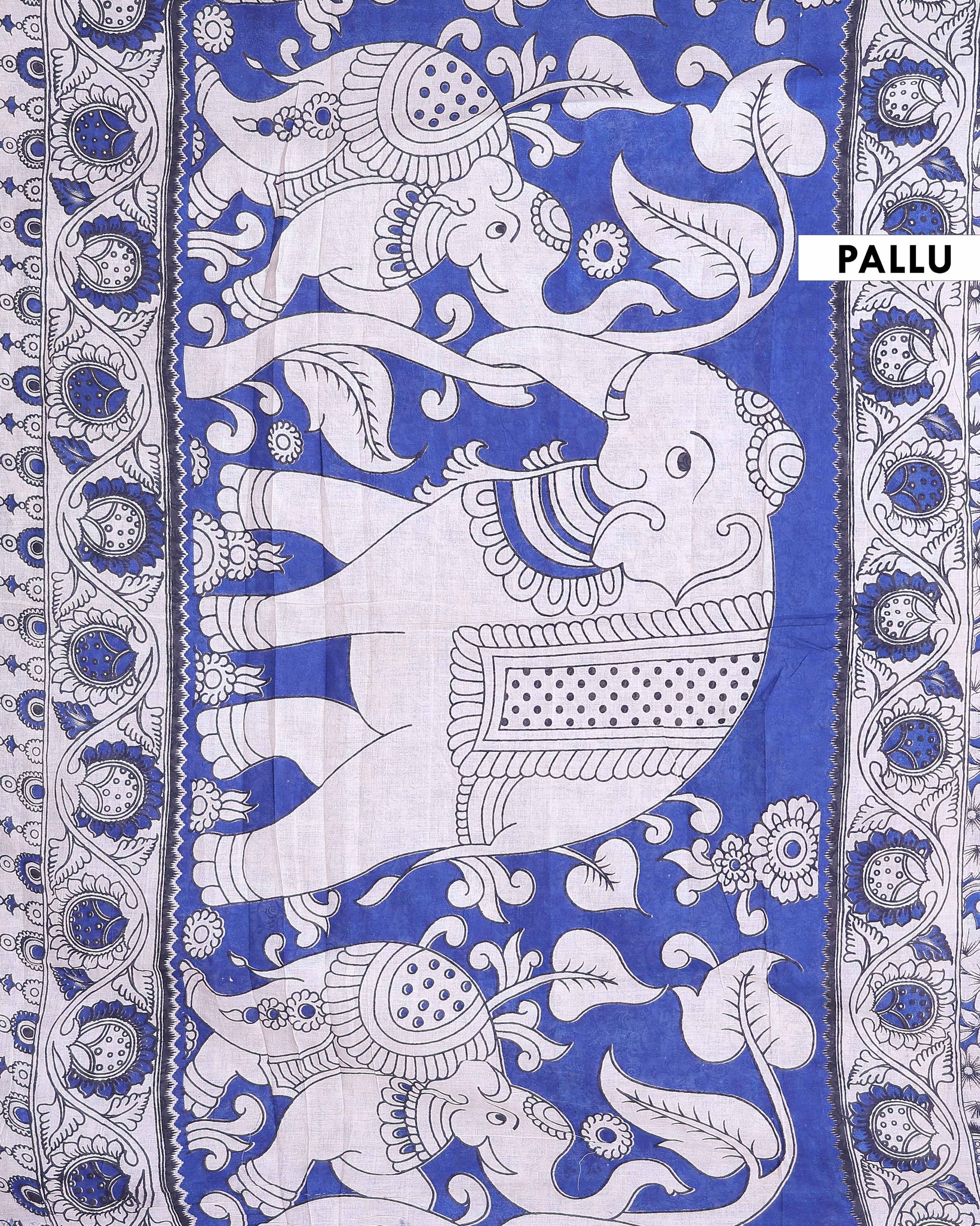 Traditional Handloom Kalamkari Cotton Saree with Traditional Floral Motifs and Intricate Border Design - Blue