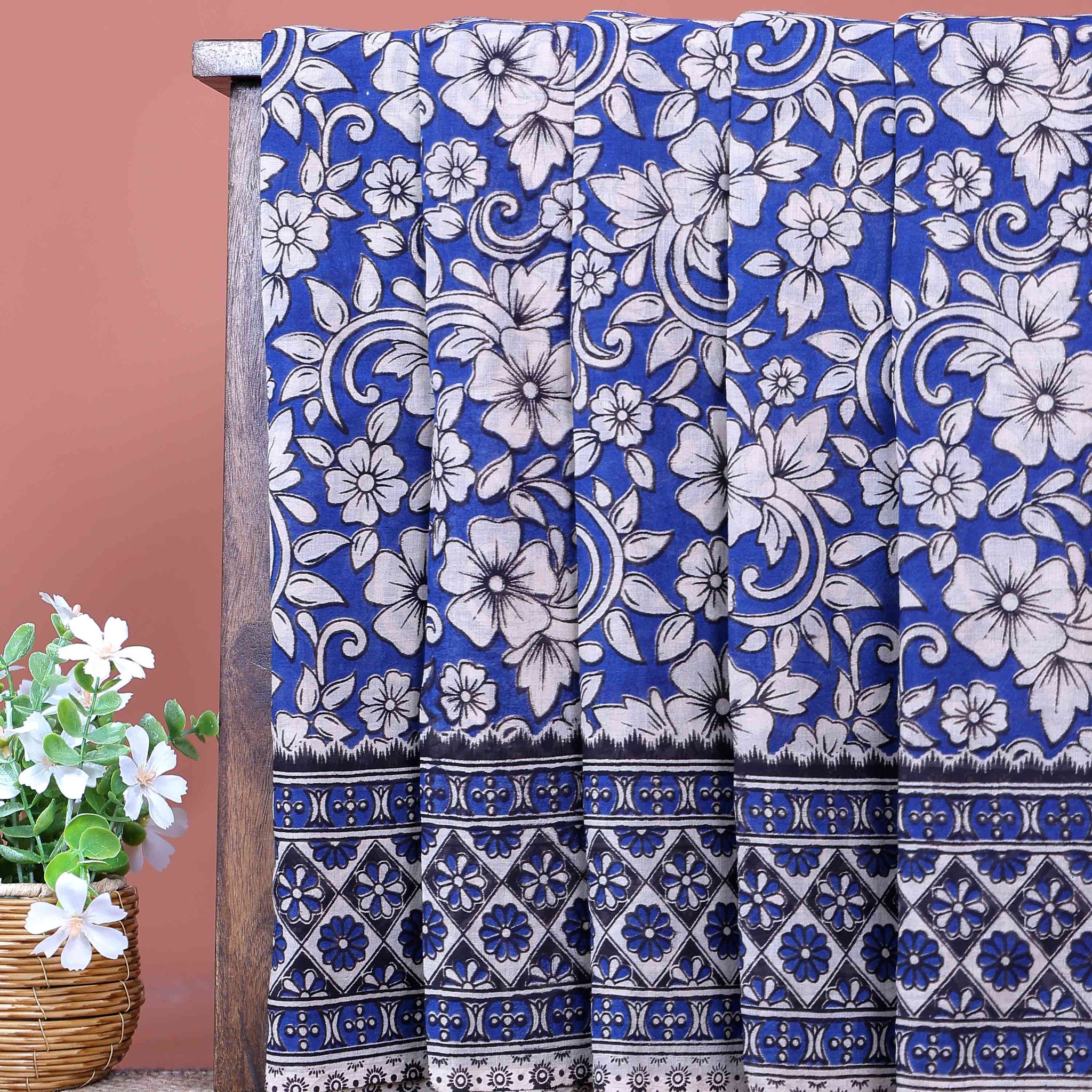 Traditional Handloom Kalamkari Cotton Saree with Traditional Floral Motifs and Intricate Border Design - Blue