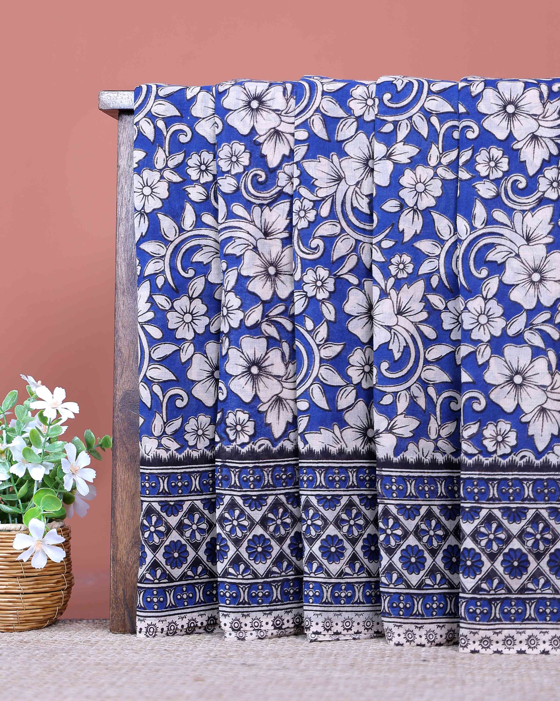 Traditional Handloom Kalamkari Cotton Saree with Traditional Floral Motifs and Intricate Border Design - Blue