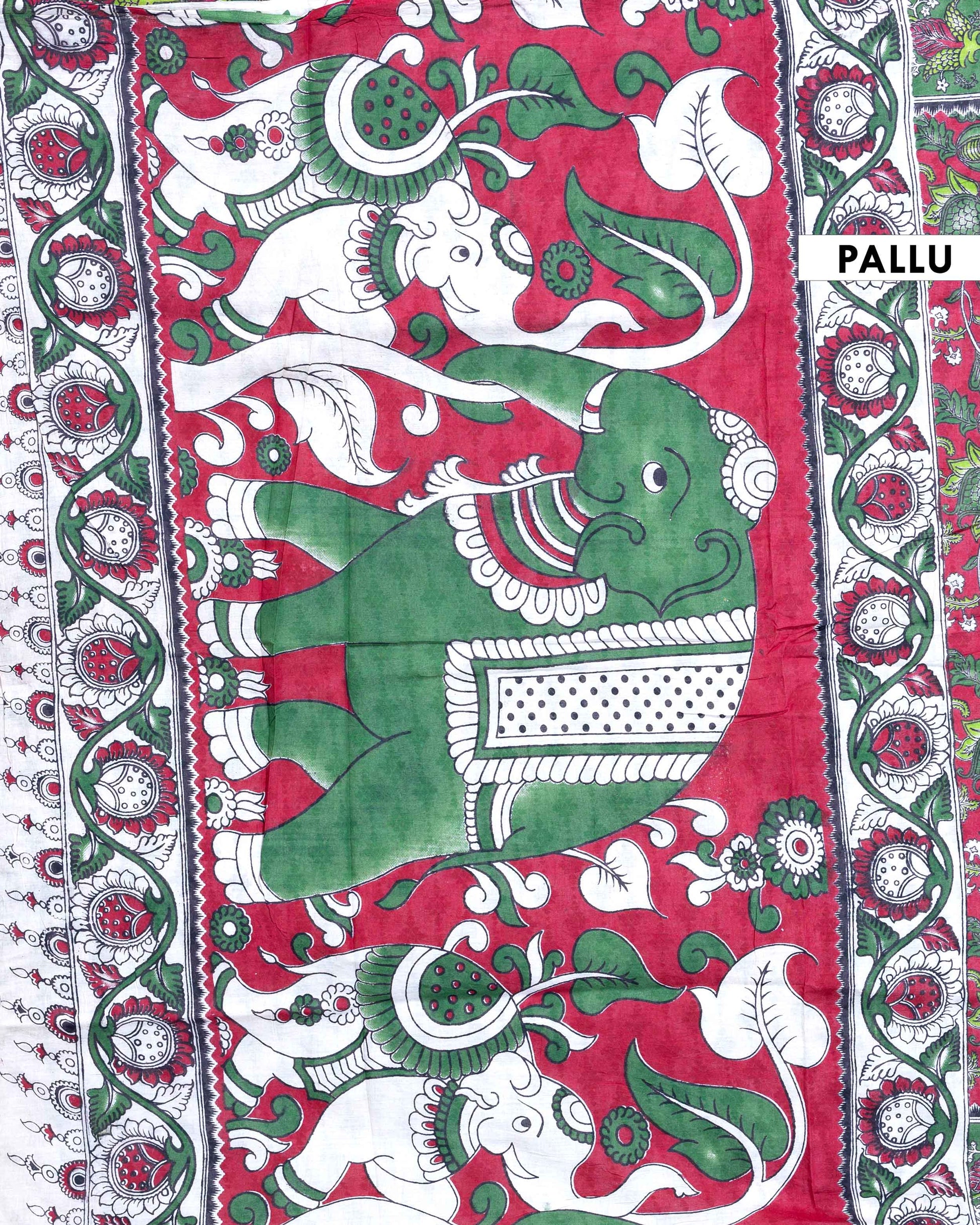 Traditional Handloom Kalamkari Cotton Saree with Traditional Floral & Pomegranate Motifs - Dark Pink