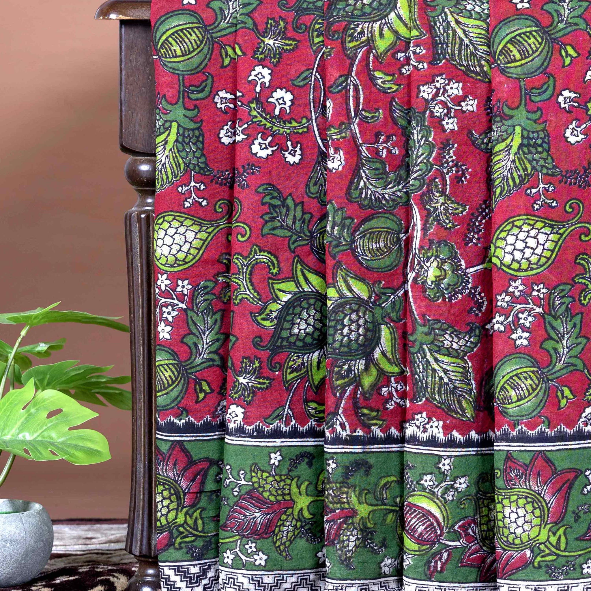 Traditional Handloom Kalamkari Cotton Saree with Traditional Floral & Pomegranate Motifs - Dark Pink