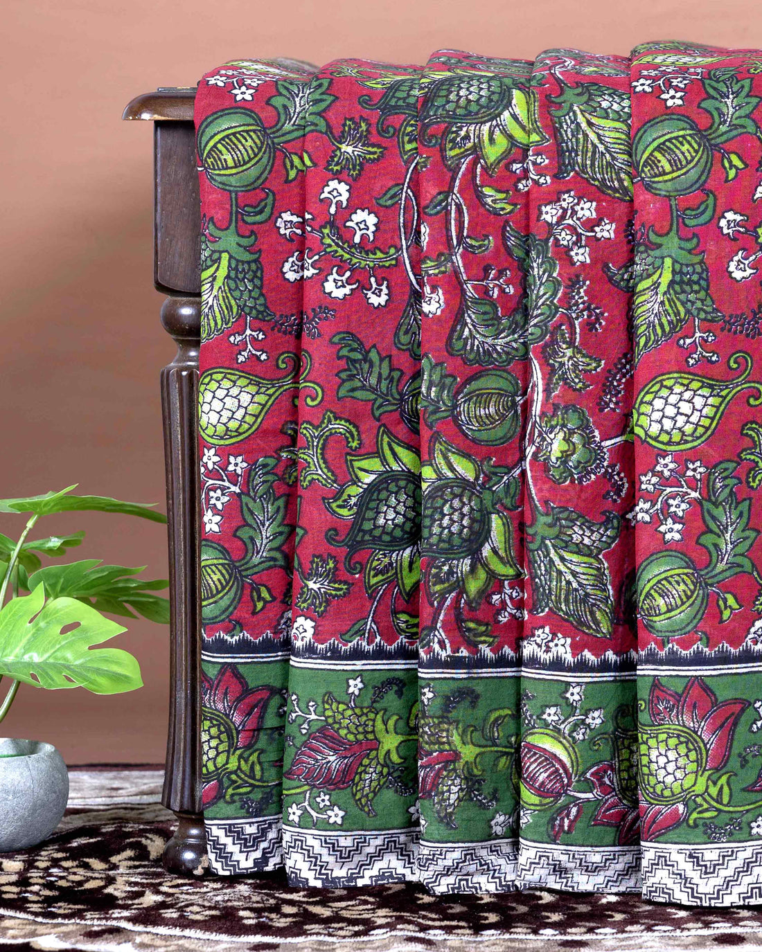 Traditional Handloom Kalamkari Cotton Saree with Traditional Floral & Pomegranate Motifs - Dark Pink