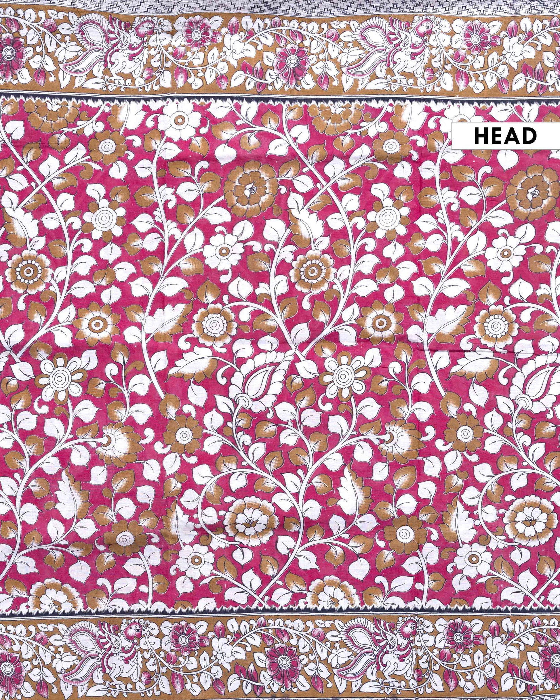 Traditional Handloom Kalamkari Cotton Saree with Traditional Floral and Peacock Motifs - Red