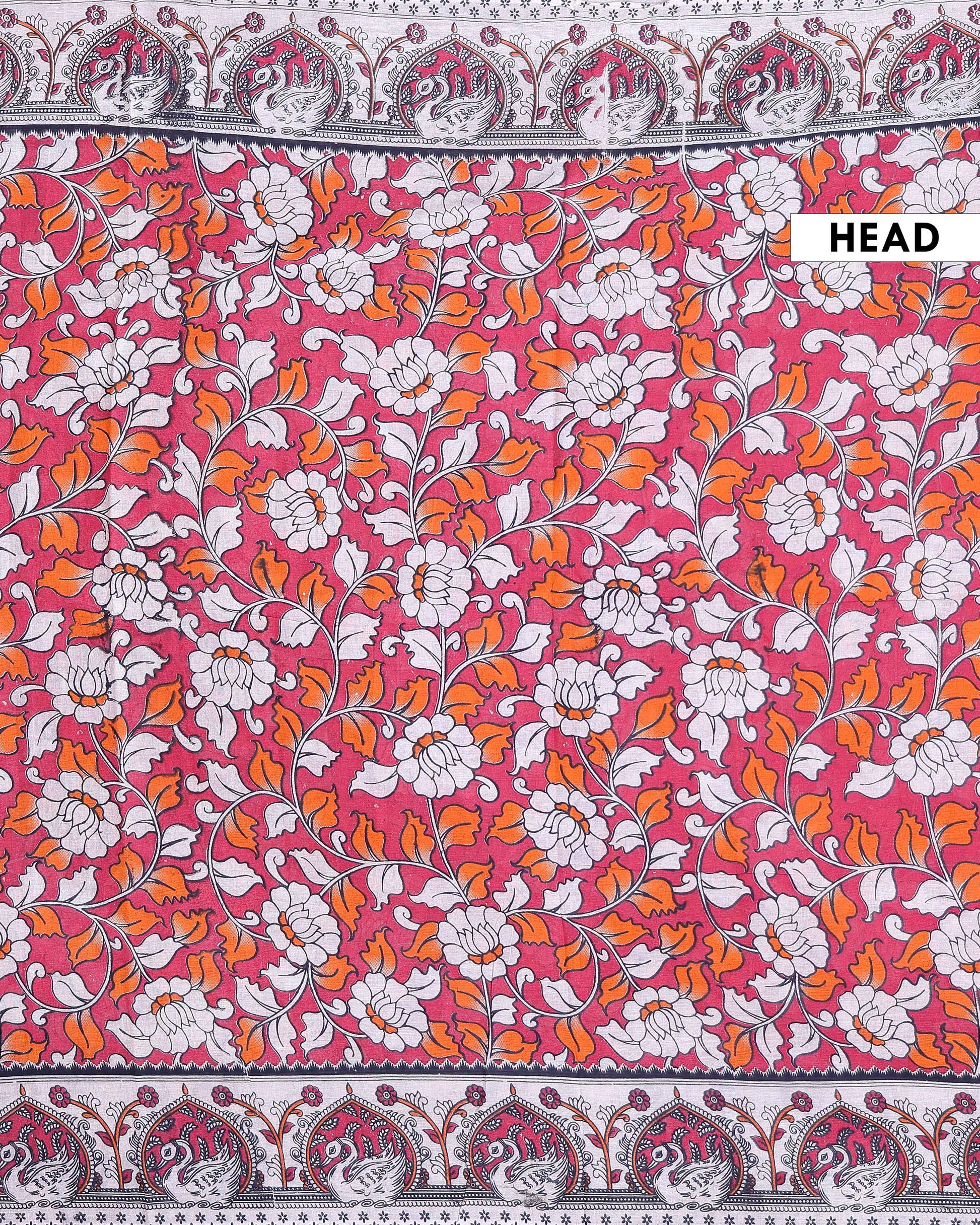 Traditional Handloom Kalamkari Cotton Saree with Traditional Floral and Peacock Motifs - Red-one