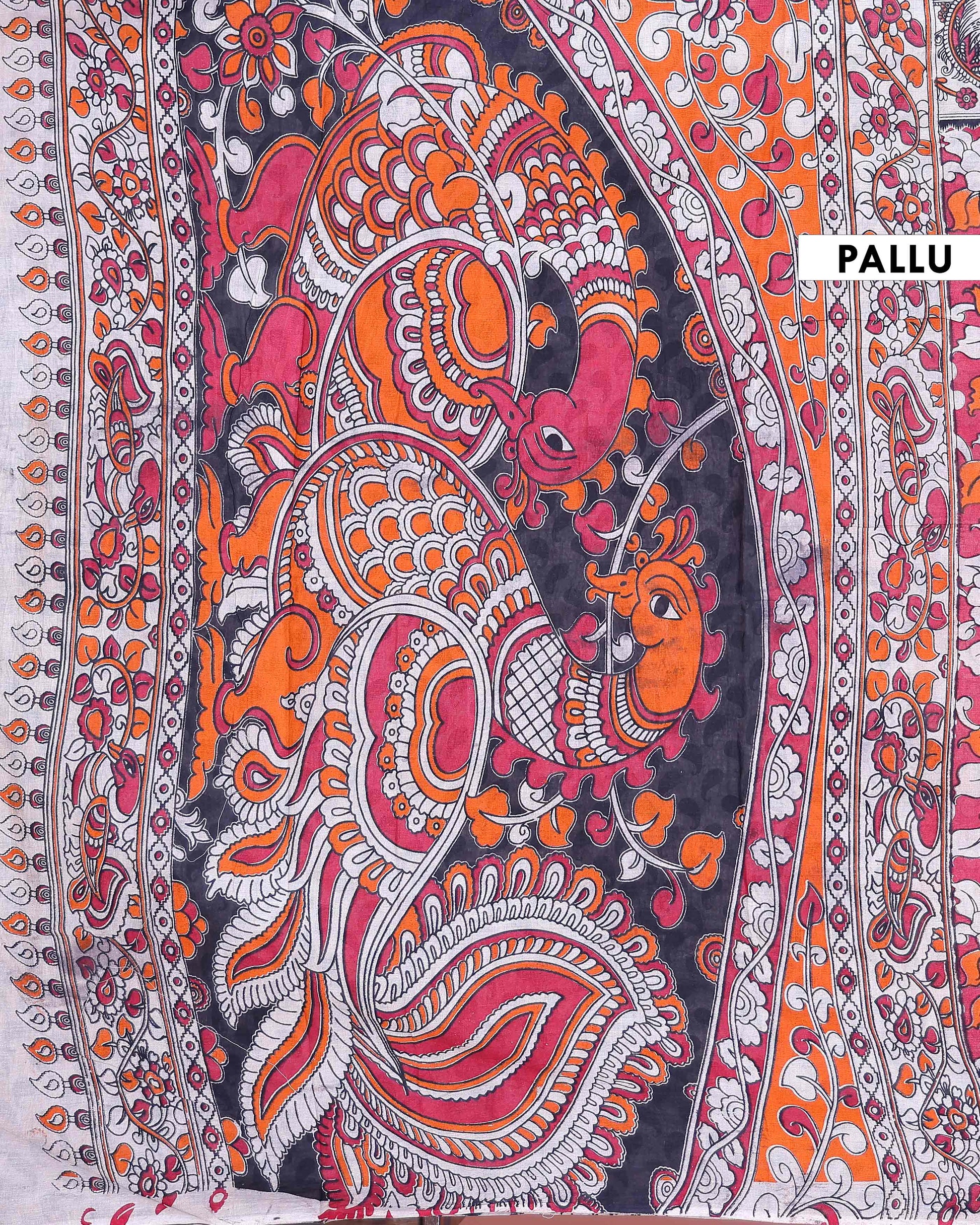 Traditional Handloom Kalamkari Cotton Saree with Traditional Floral and Peacock Motifs - Red-one