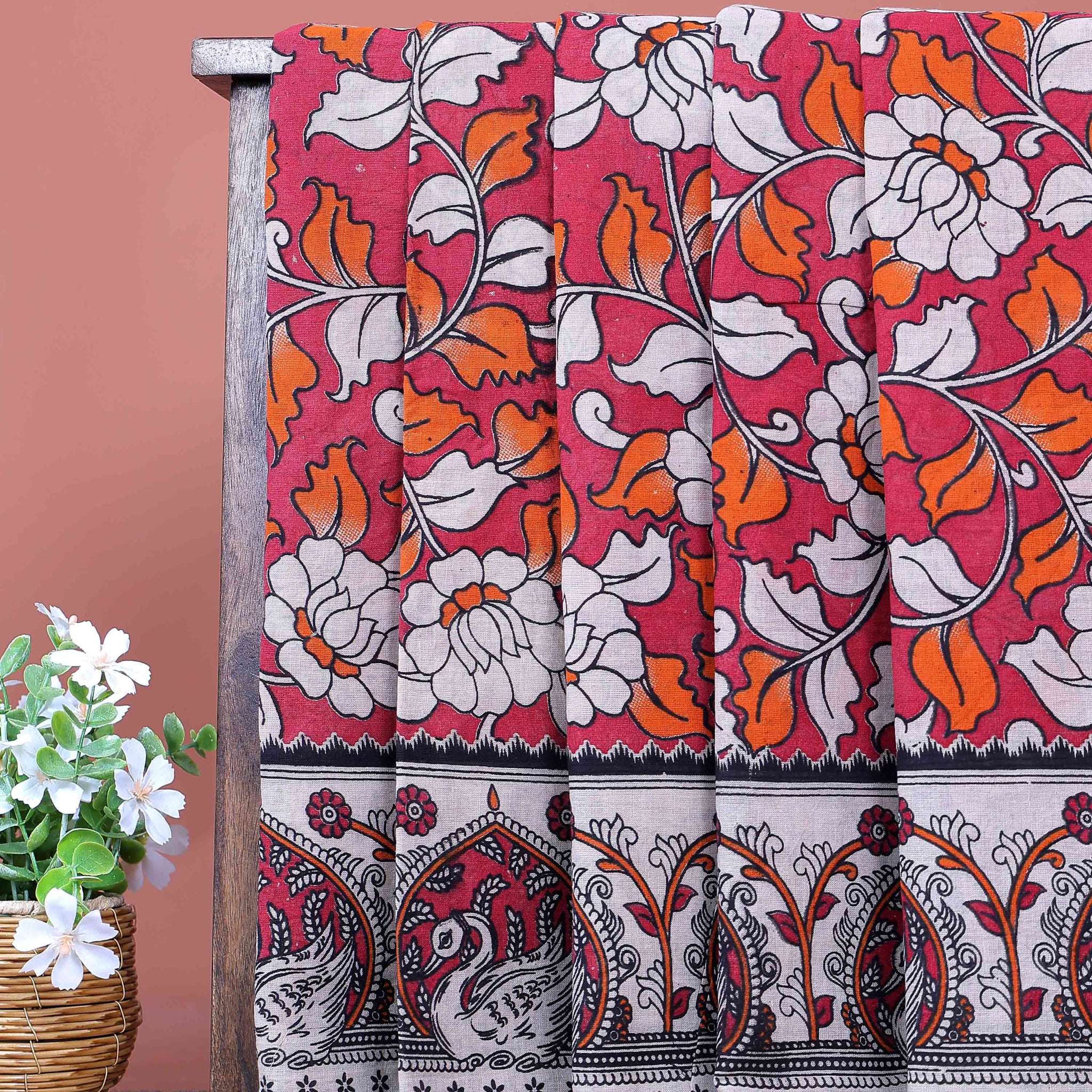 Traditional Handloom Kalamkari Cotton Saree with Traditional Floral and Peacock Motifs - Red-one