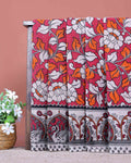 Traditional Handloom Kalamkari Cotton Saree with Traditional Floral and Peacock Motifs - Red-one