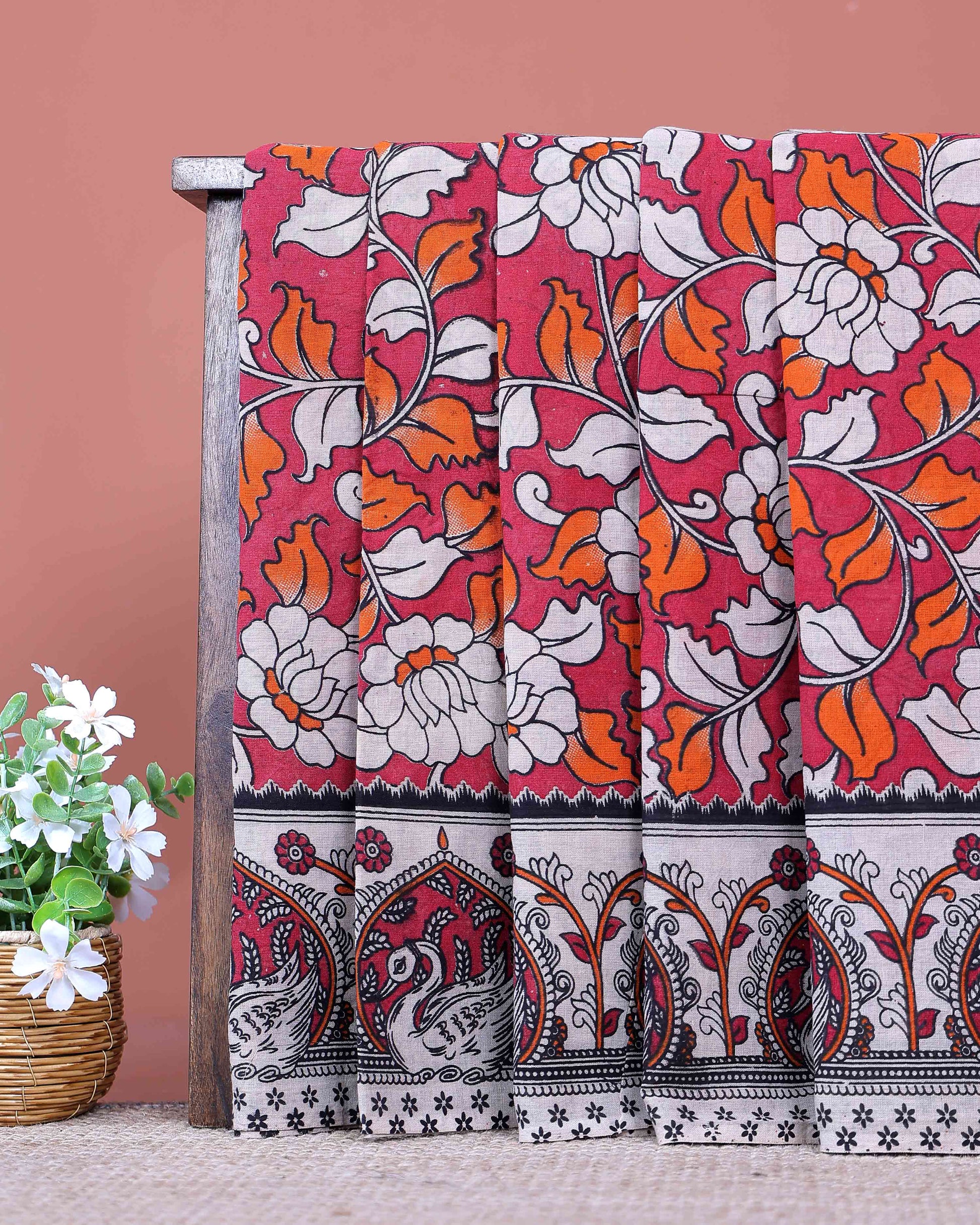 Traditional Handloom Kalamkari Cotton Saree with Traditional Floral and Peacock Motifs - Red-one