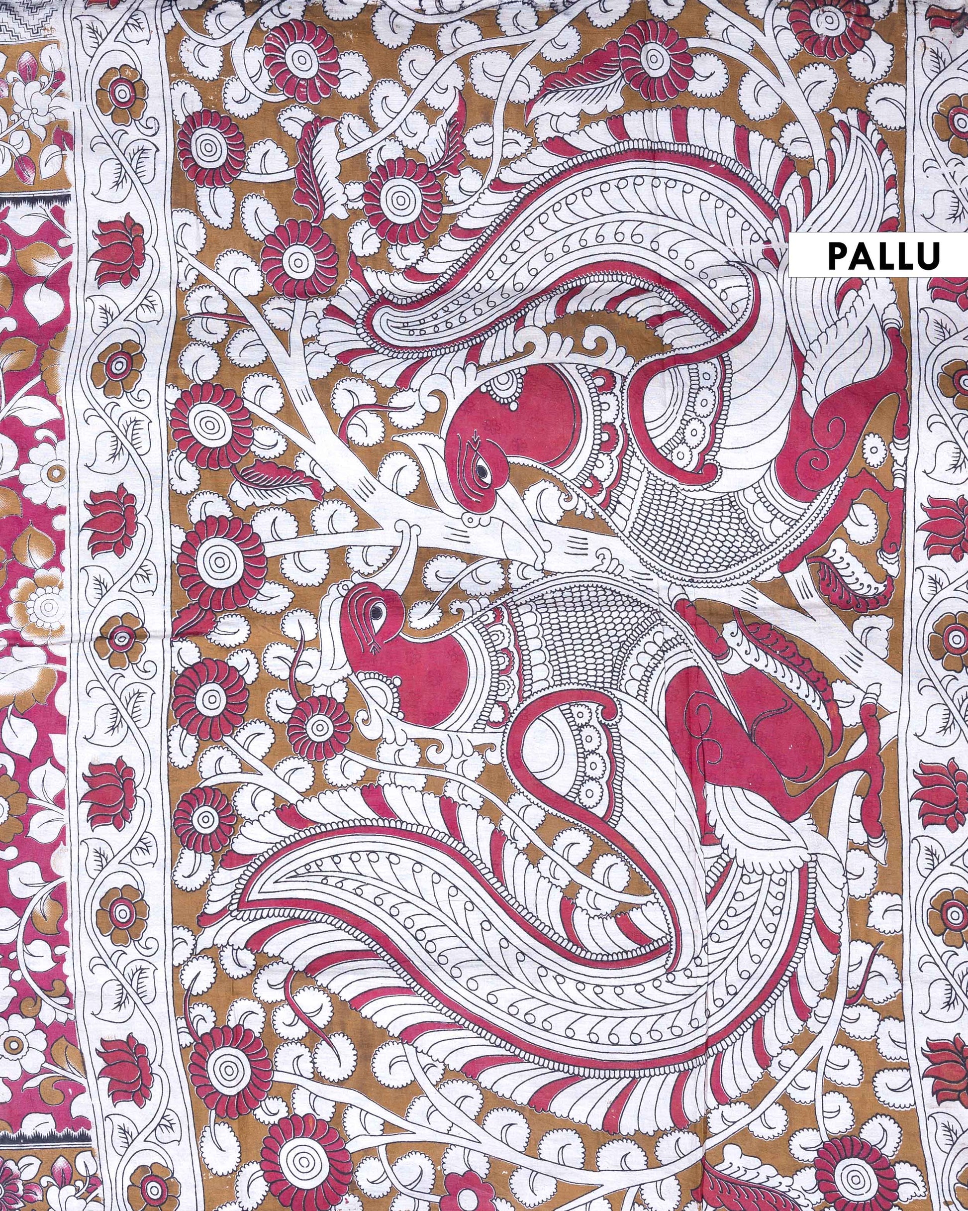 Traditional Handloom Kalamkari Cotton Saree with Traditional Floral and Peacock Motifs - Red