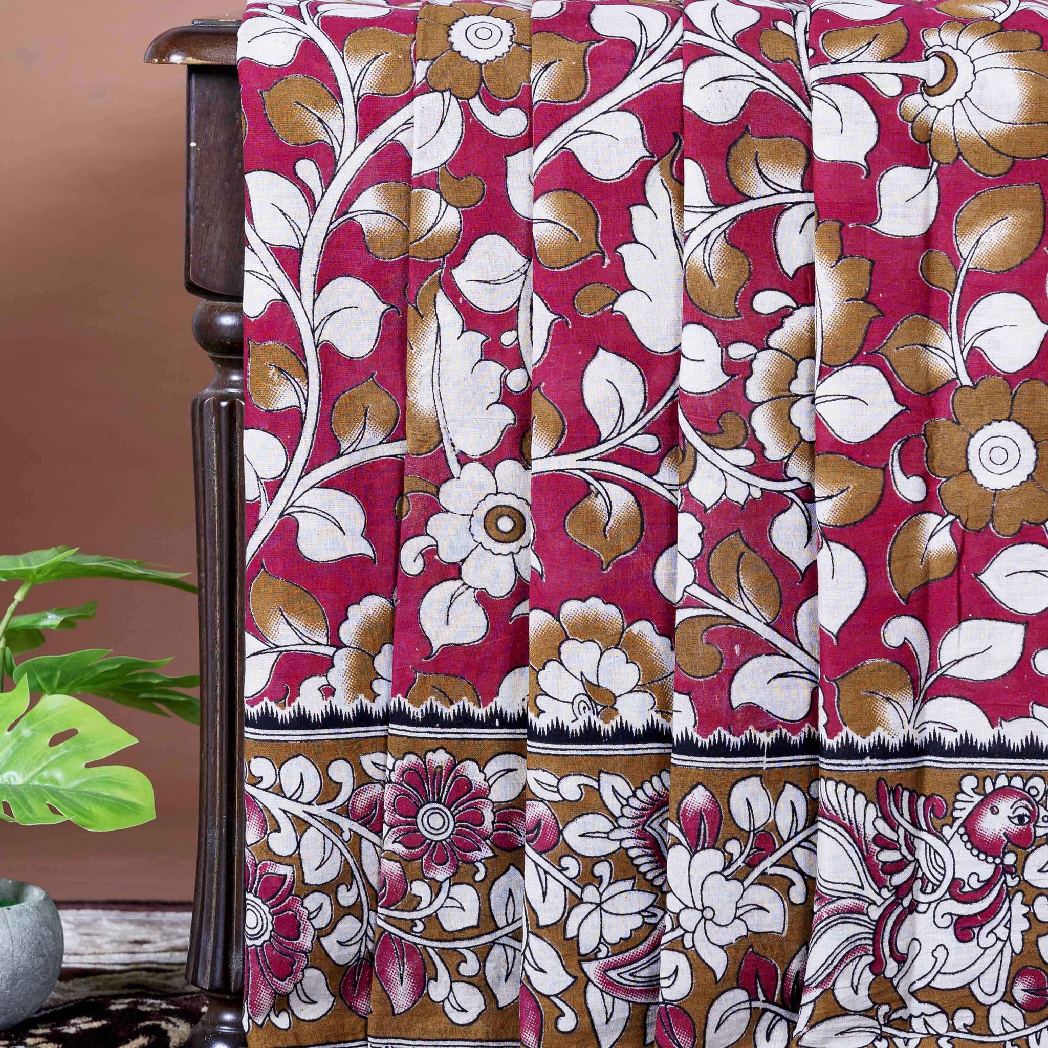 Traditional Handloom Kalamkari Cotton Saree with Traditional Floral and Peacock Motifs - Red