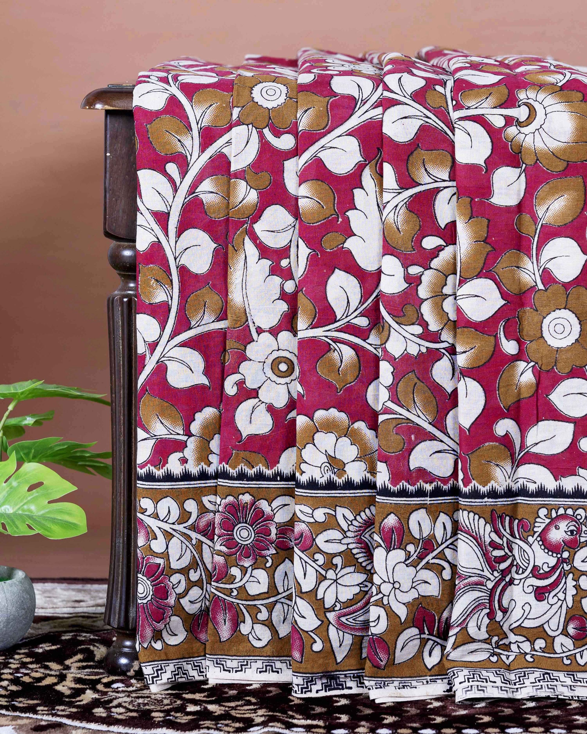 Traditional Handloom Kalamkari Cotton Saree with Traditional Floral and Peacock Motifs - Red
