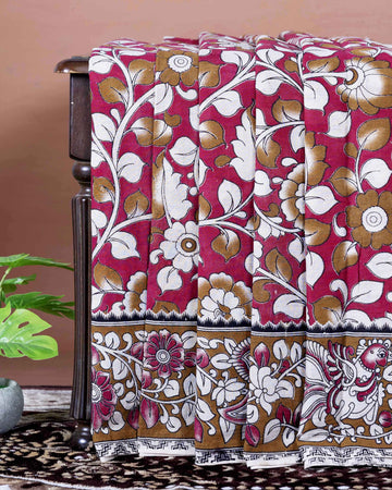 Traditional Handloom Kalamkari Cotton Saree with Traditional Floral and Peacock Motifs - Red