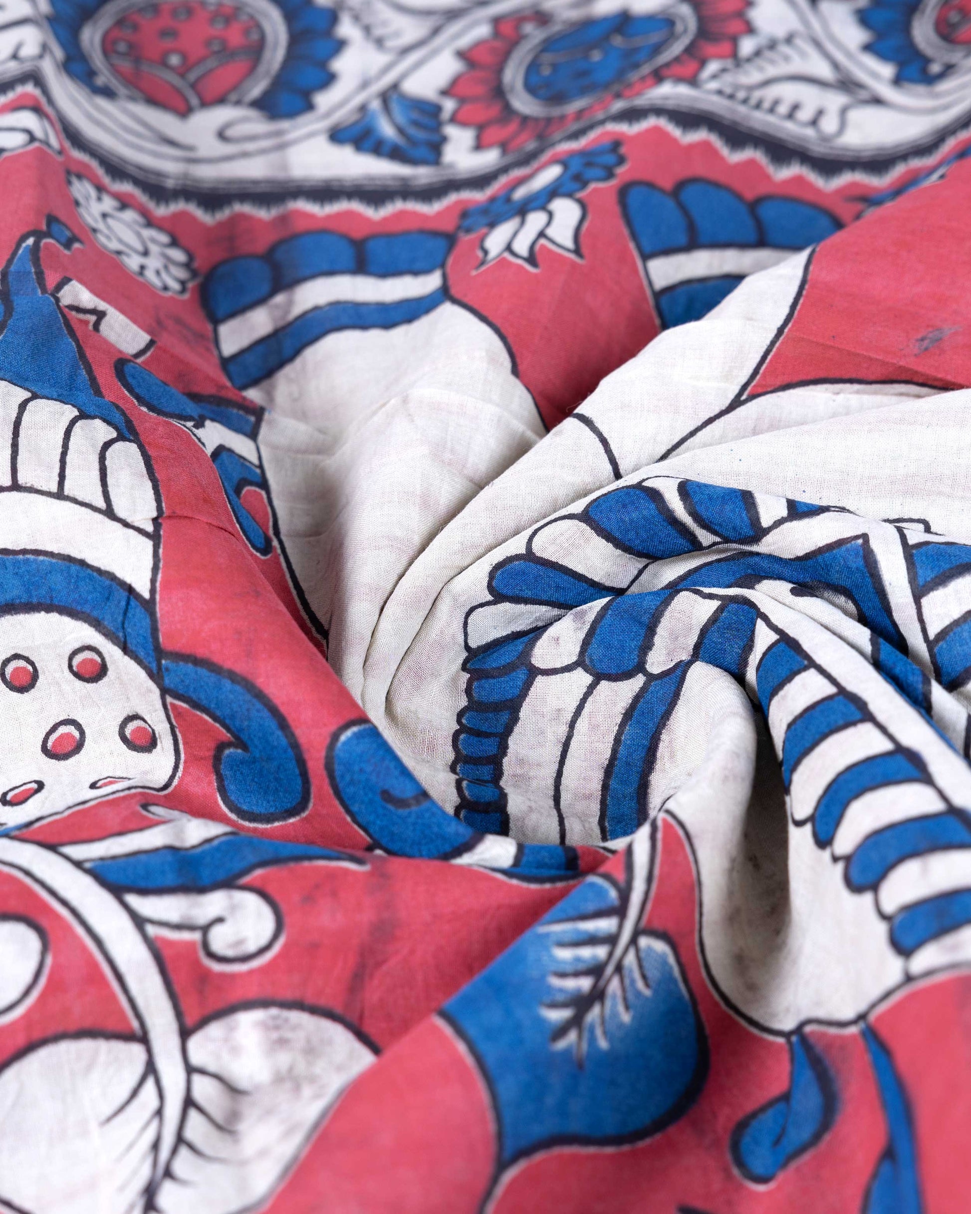 Traditional Handloom Kalamkari Cotton Saree with Traditional Lotus Motif and Decorative Border - Blue