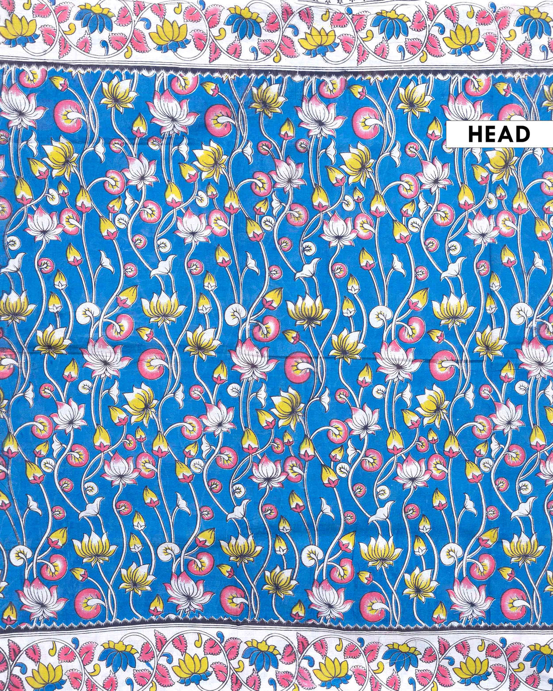 Traditional Handloom Kalamkari Cotton Saree with Traditional Lotus Motif and Decorative Border - Blue