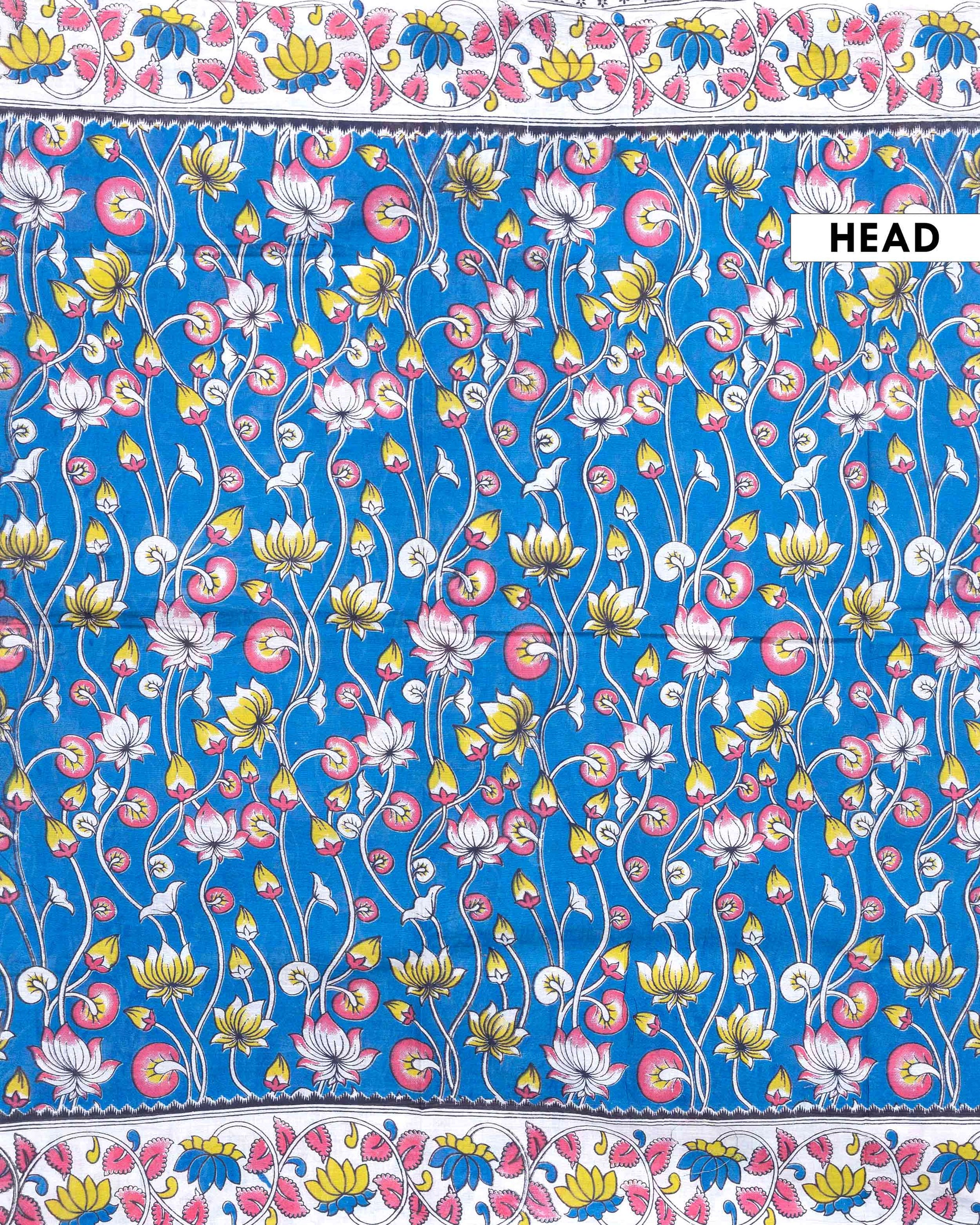 Traditional Handloom Kalamkari Cotton Saree with Traditional Lotus Motif and Decorative Border - Blue