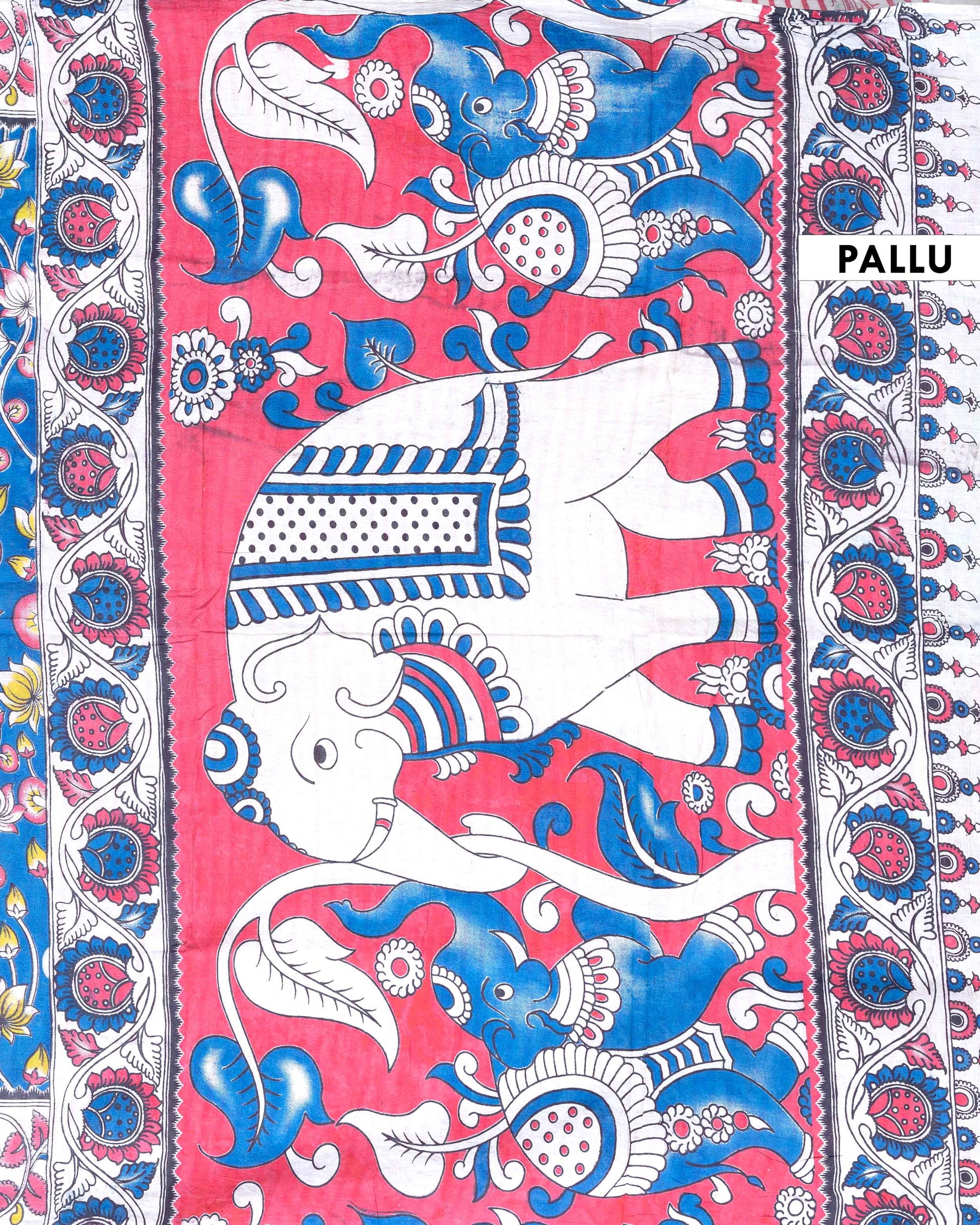 Traditional Handloom Kalamkari Cotton Saree with Traditional Lotus Motif and Decorative Border - Blue