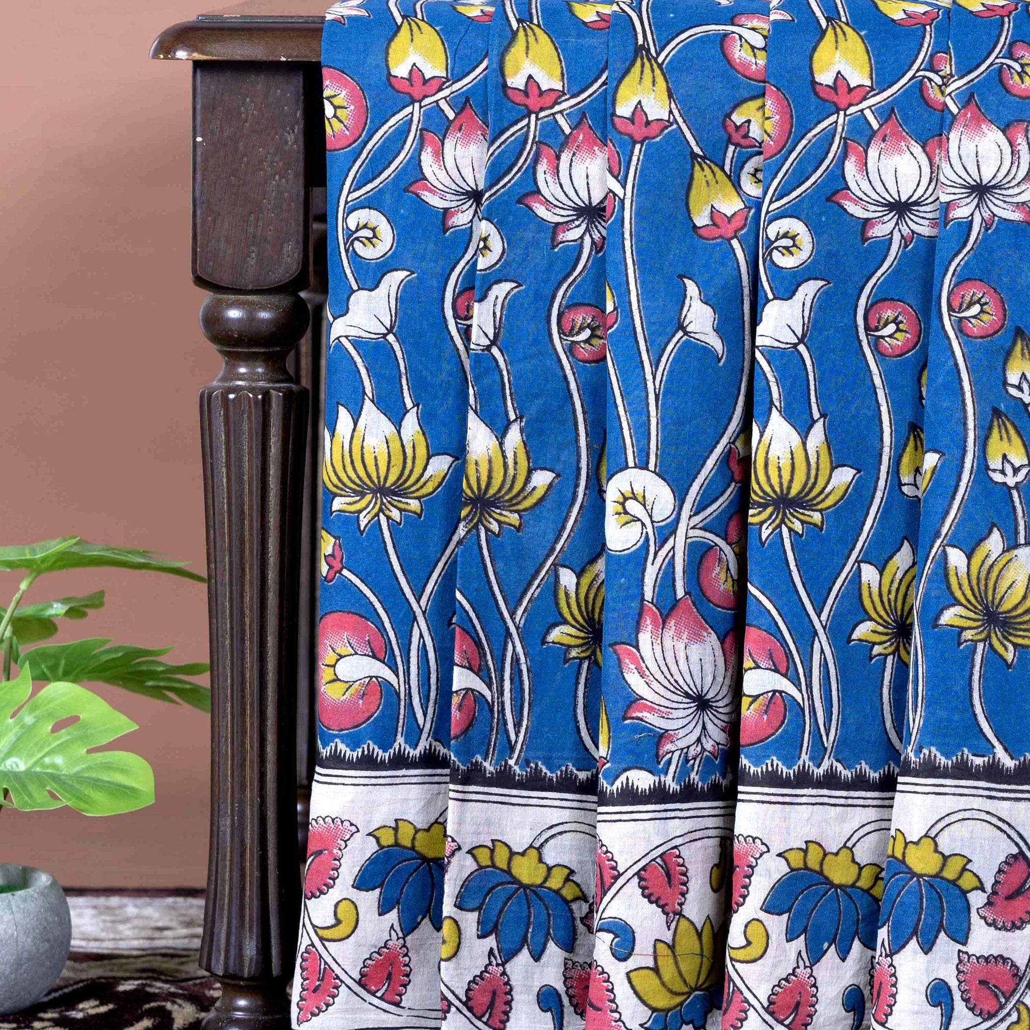 Traditional Handloom Kalamkari Cotton Saree with Traditional Lotus Motif and Decorative Border - Blue