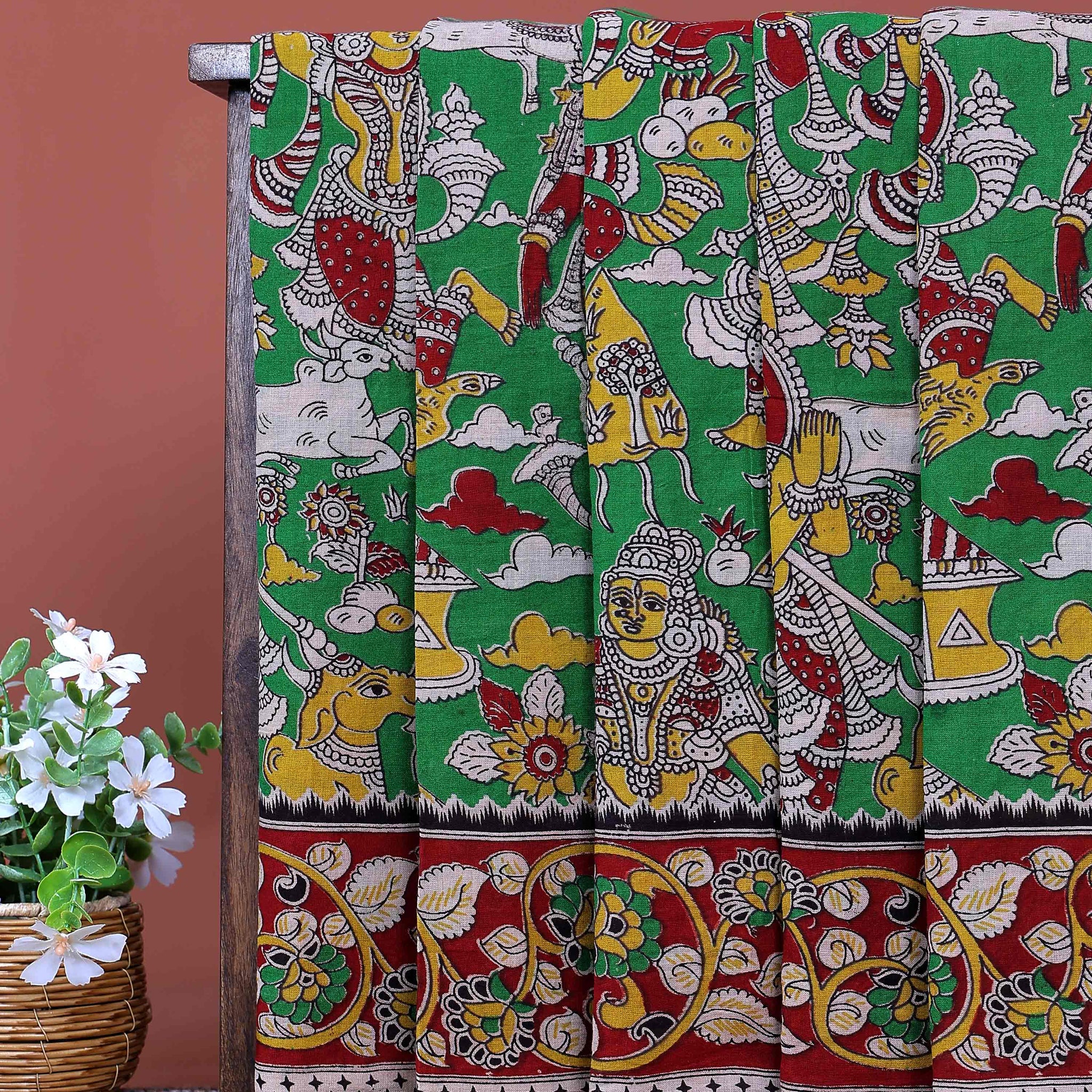 Traditional Handloom Kalamkari Cotton Saree with Traditional Mythological Motifs and Elaborate Artistic Border - Green