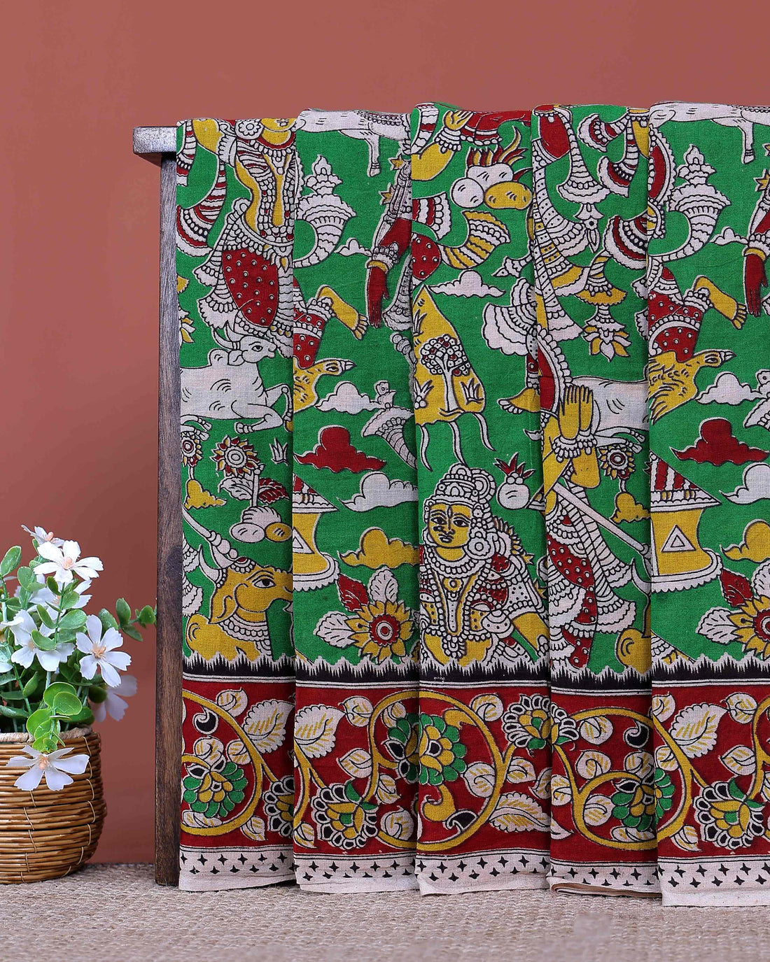 Traditional Handloom Kalamkari Cotton Saree with Traditional Mythological Motifs and Elaborate Artistic Border - Green