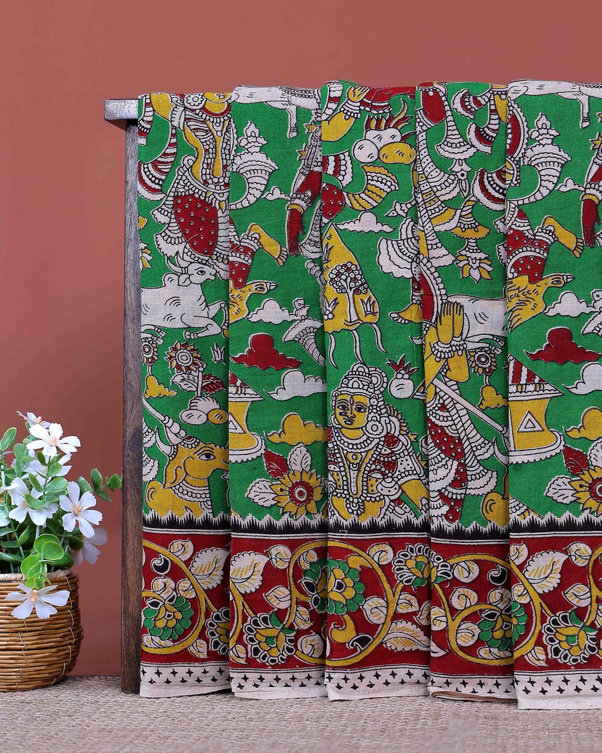 Traditional Handloom Kalamkari Cotton Saree with Traditional Mythological Motifs and Elaborate Artistic Border - Green