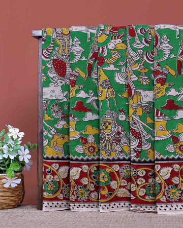 Traditional Handloom Kalamkari Cotton Saree with Traditional Mythological Motifs and Elaborate Artistic Border - Green