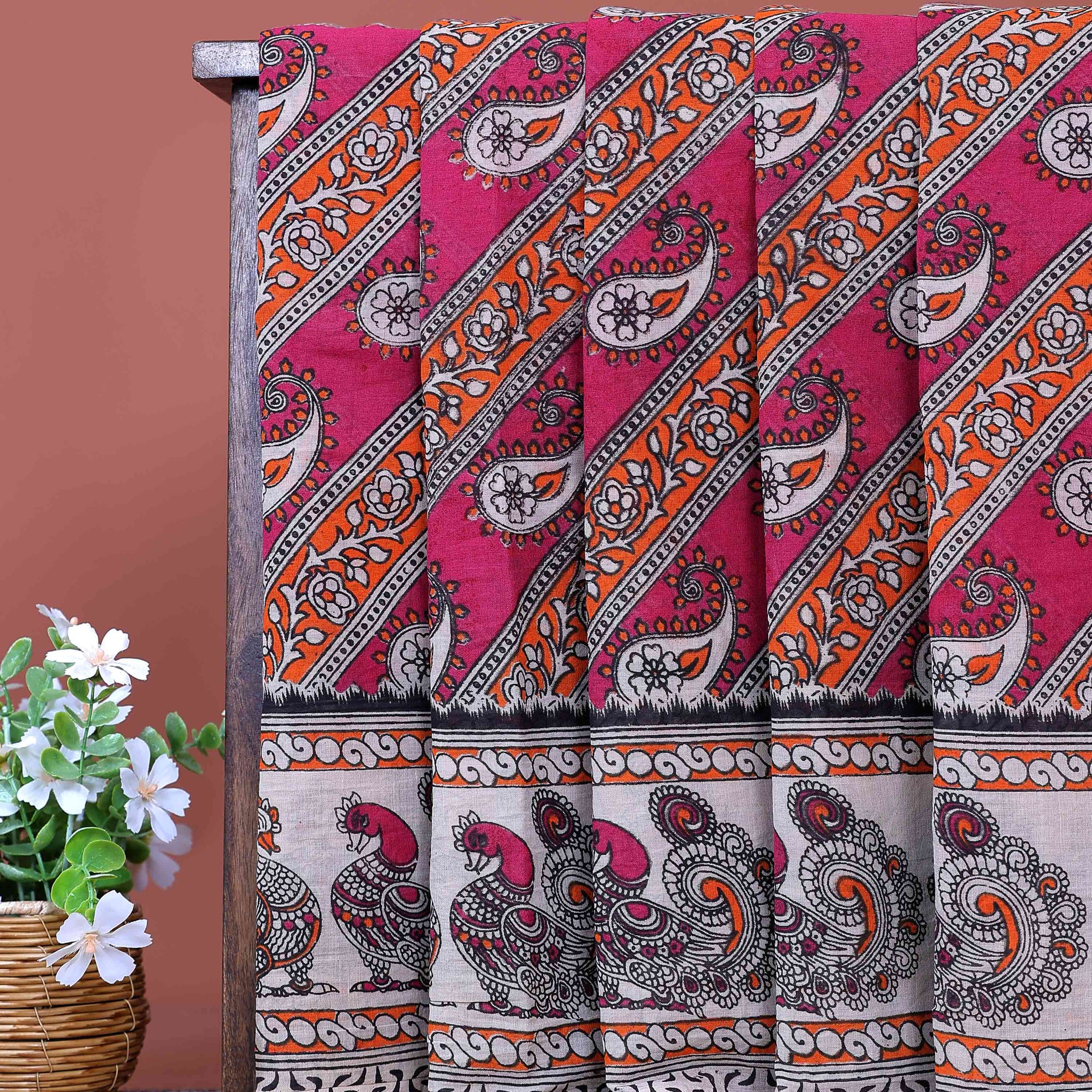 Traditional Handloom Kalamkari Cotton Saree with Traditional Paisley and Peacock Motifs - Pink