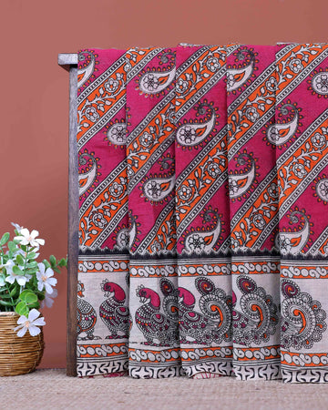 Traditional Handloom Kalamkari Cotton Saree with Traditional Paisley and Peacock Motifs - Pink
