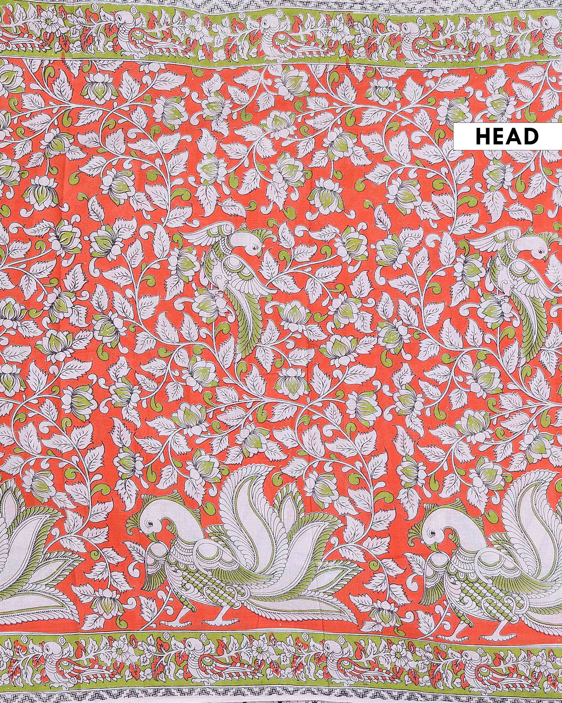 Traditional Handloom Kalamkari Cotton Saree with Traditional Peacock Motifs and Intricate Heritage Border - Dark Orange