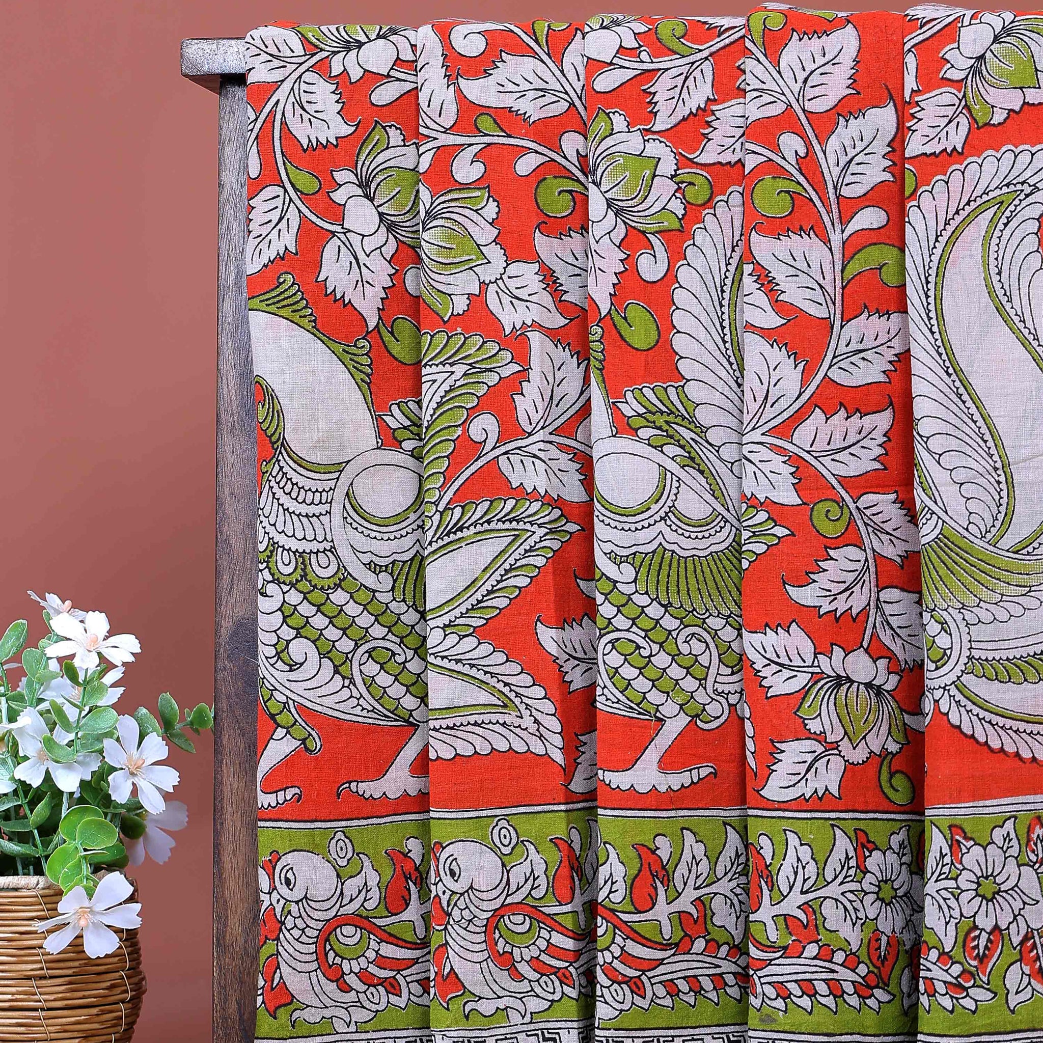 Traditional Handloom Kalamkari Cotton Saree with Traditional Peacock Motifs and Intricate Heritage Border - Dark Orange