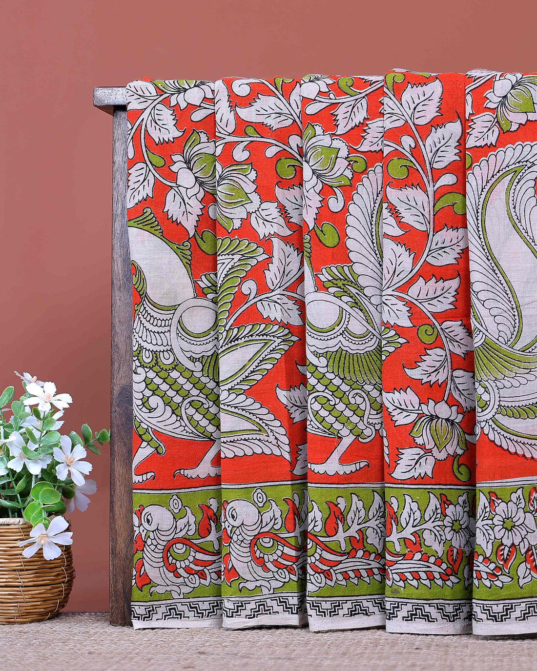 Traditional Handloom Kalamkari Cotton Saree with Traditional Peacock Motifs and Intricate Heritage Border - Dark Orange